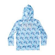 kids blue camouflage performance hoodie with "PRODOH" brand logo on a camo background