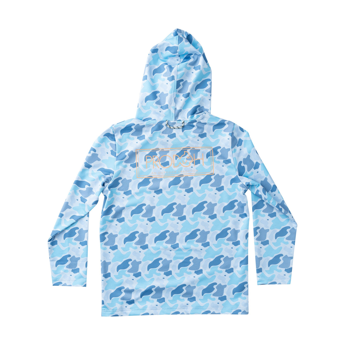kids blue camouflage performance hoodie with "PRODOH" brand logo on a camo background