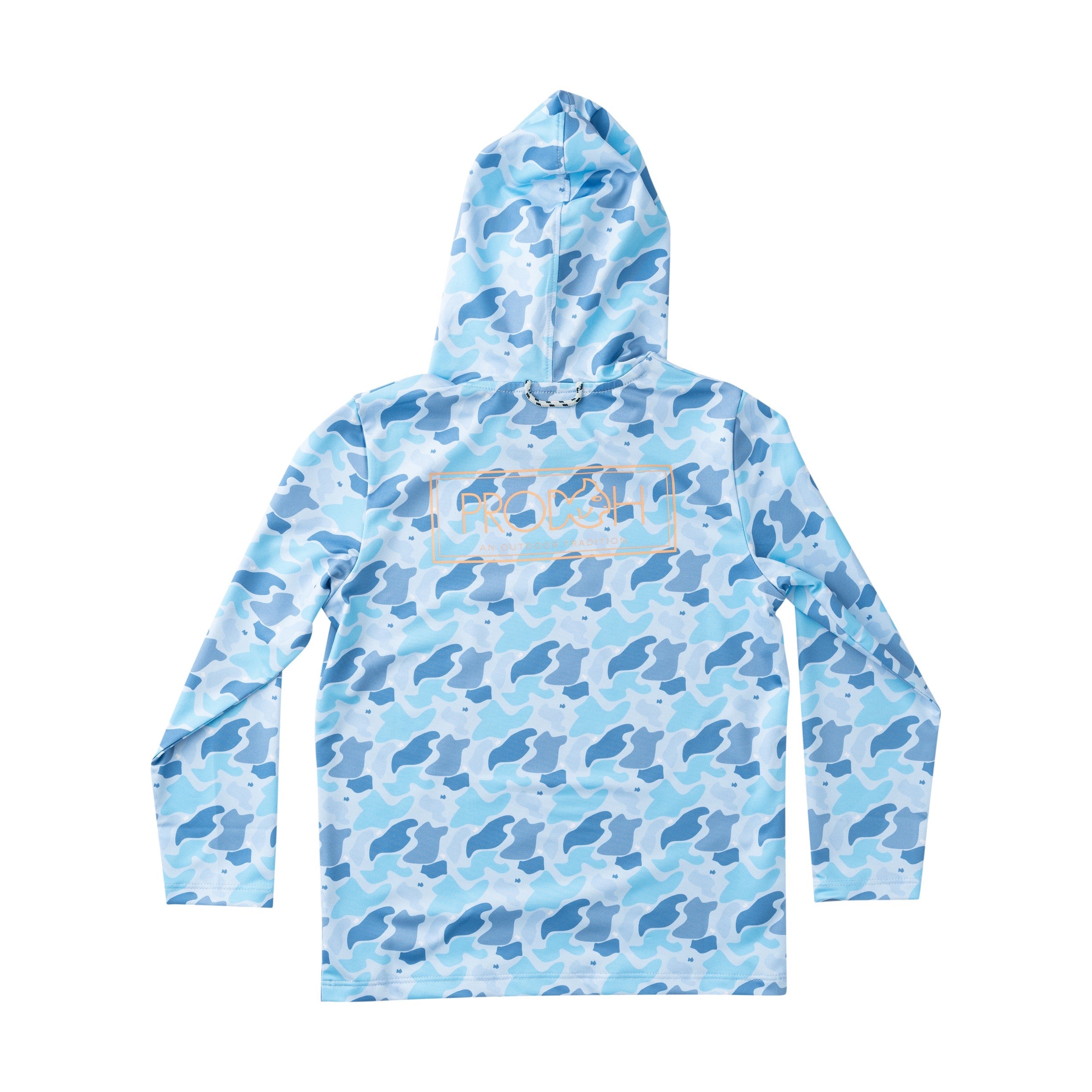 kids blue camouflage performance hoodie with "PRODOH" brand logo on a camo background