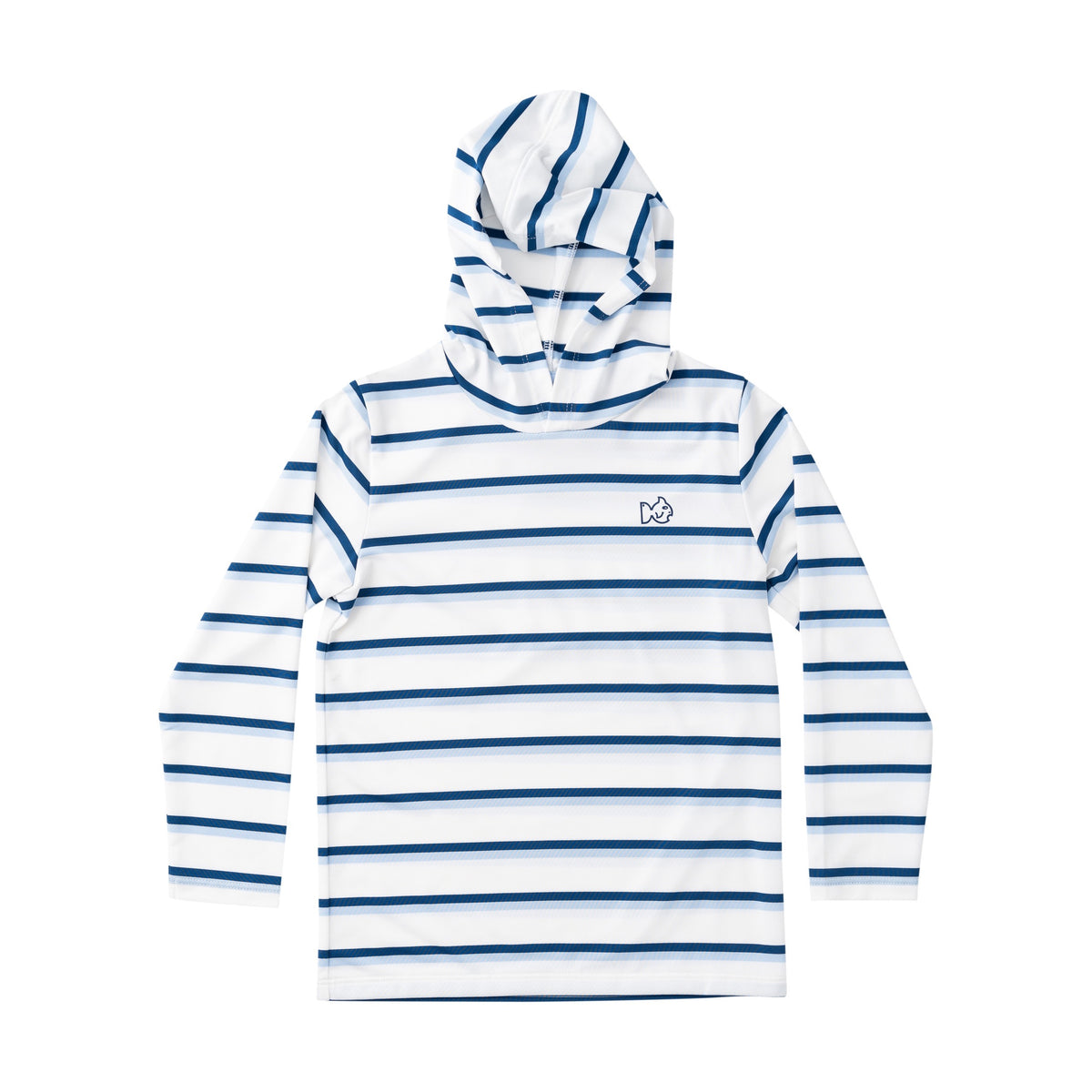 White and navy blue striped hoodie on a white background