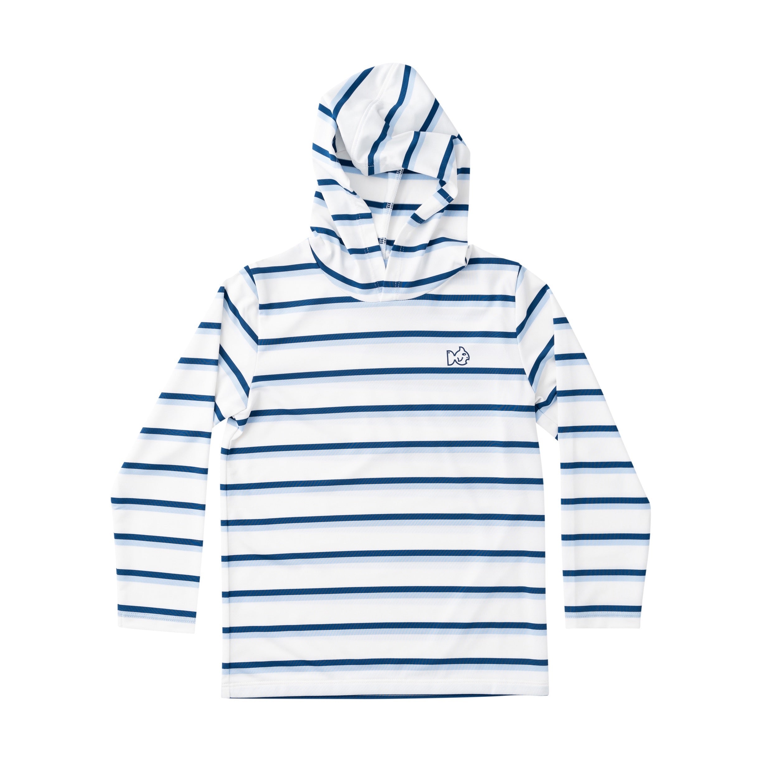 White and navy blue striped hoodie on a white background