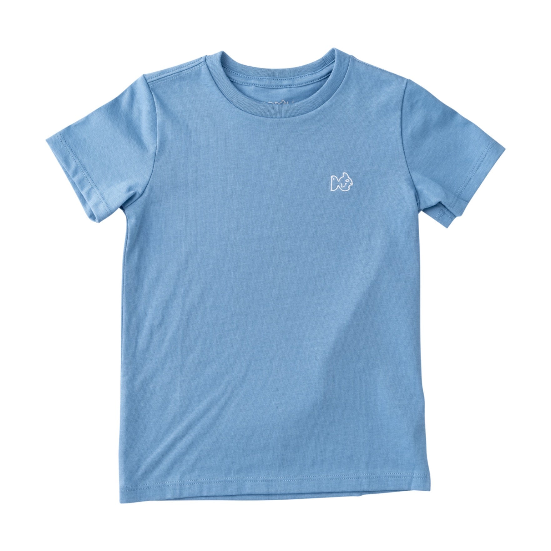 Light blue t-shirt with a small logo on a white background