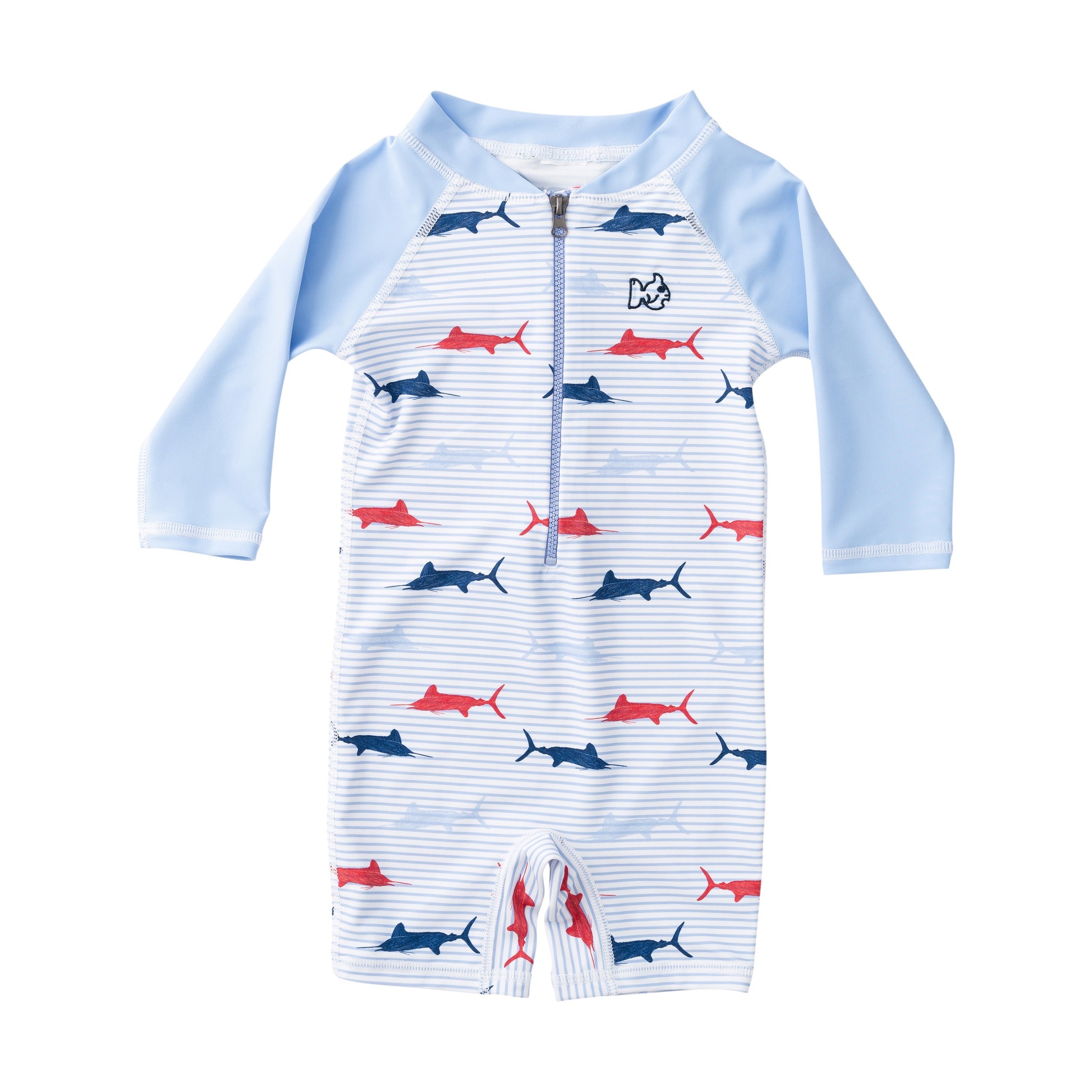 Children's swimsuit with shark pattern on a white background
