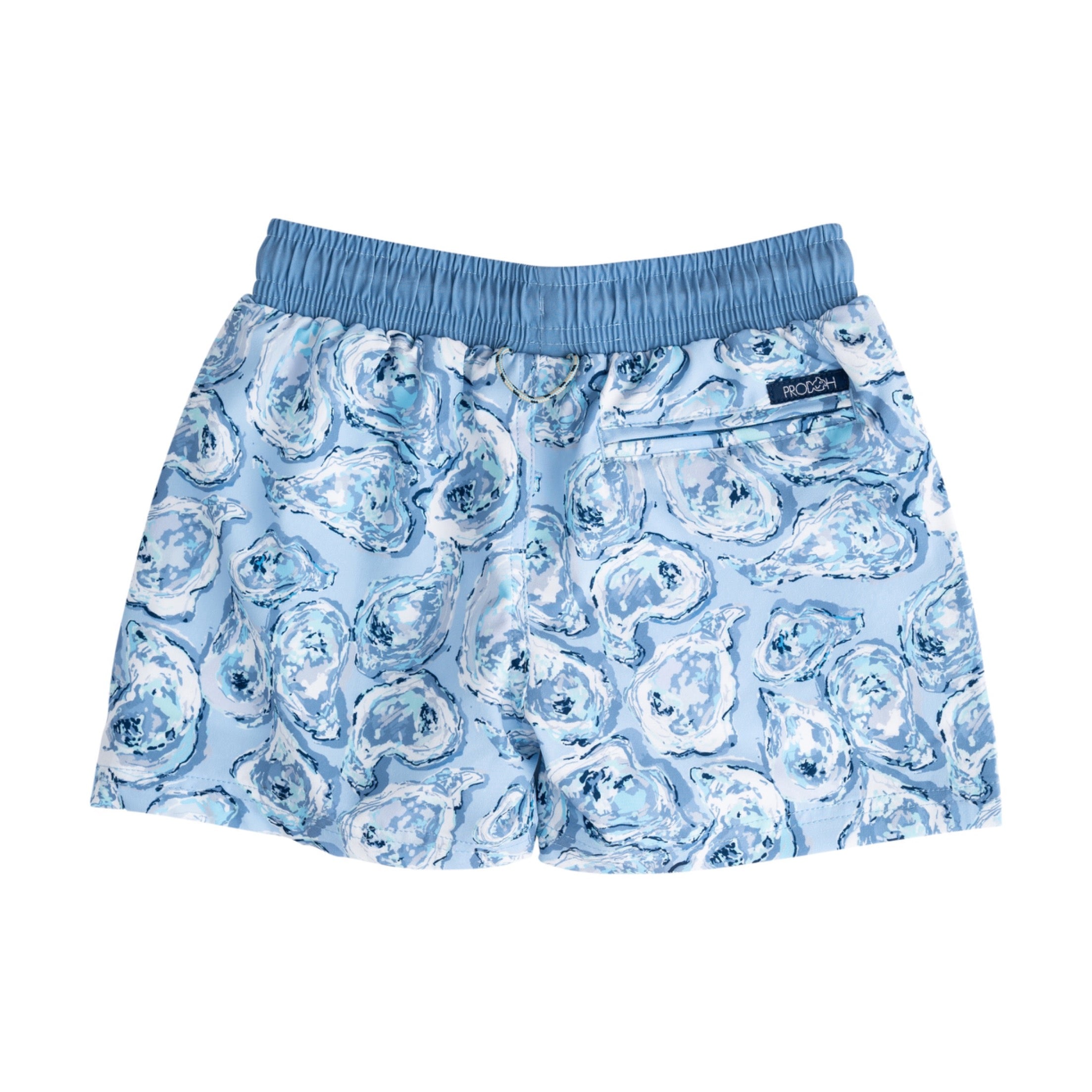 kids  blue anti-chafe swim trunks with a pattern on a white background