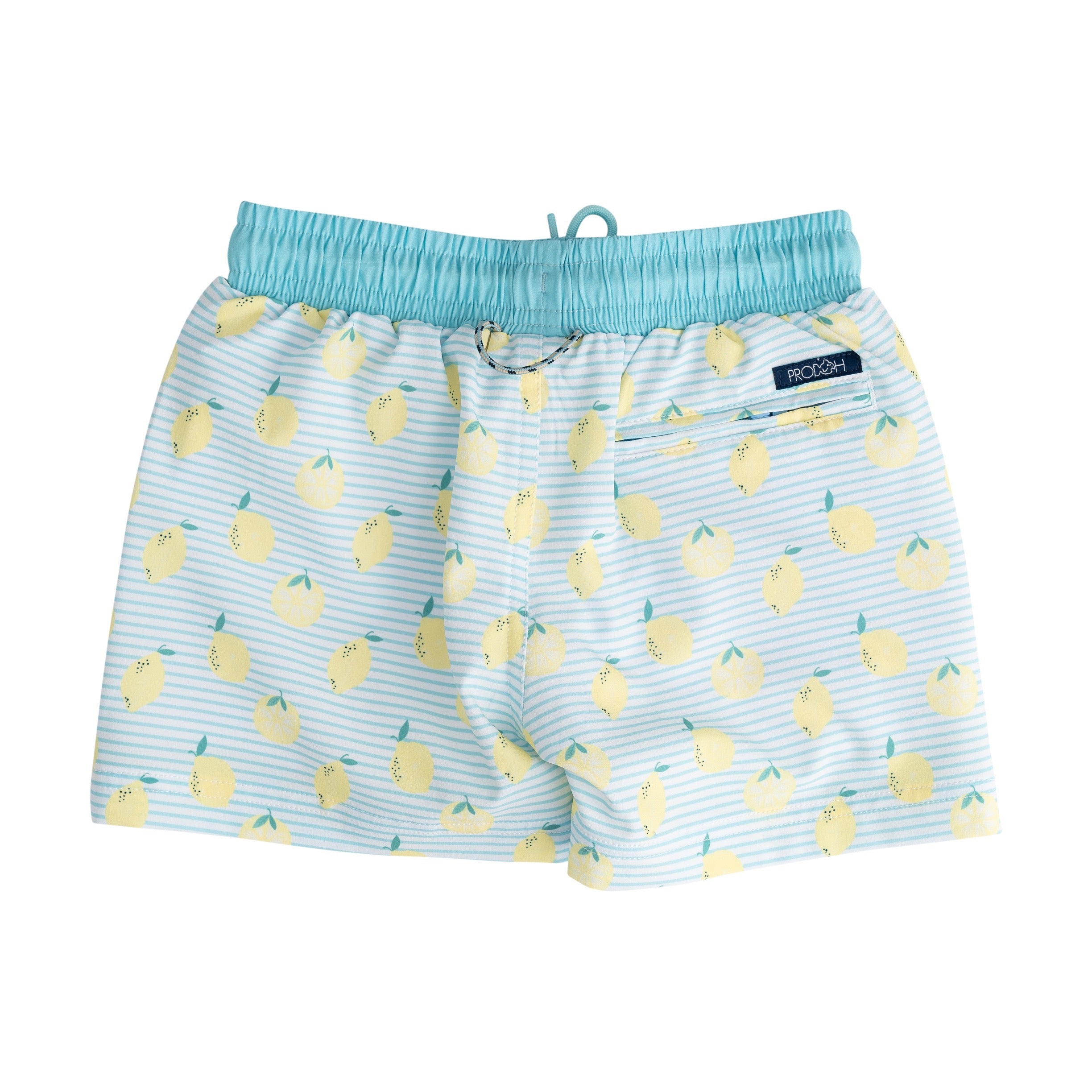 Children's swim shorts with lemon pattern on a white background