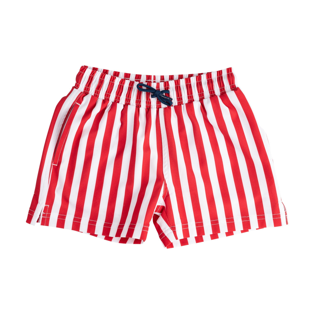 Red and white striped shorts with a blue buckle on a white background
