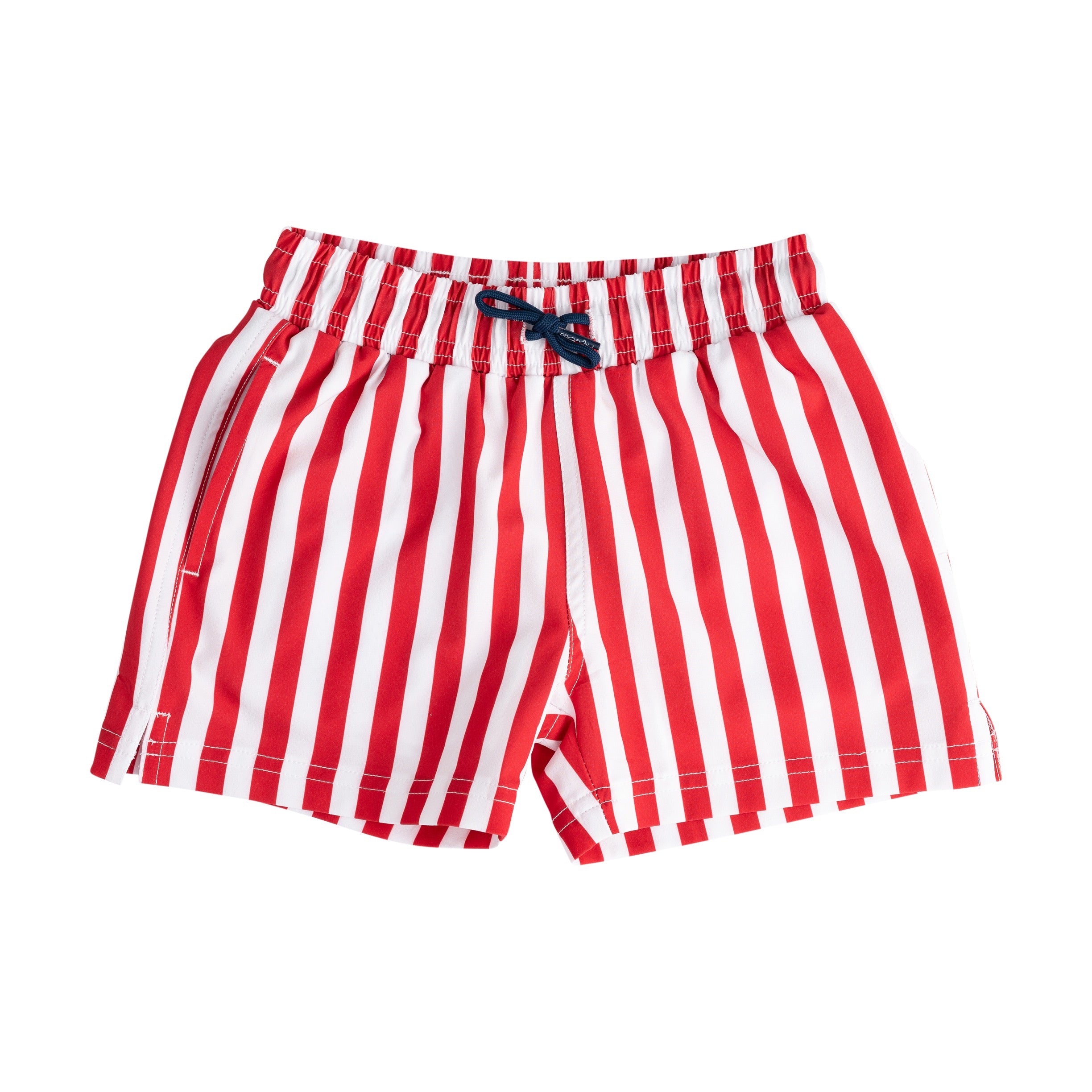 Red and white striped shorts with a blue buckle on a white background