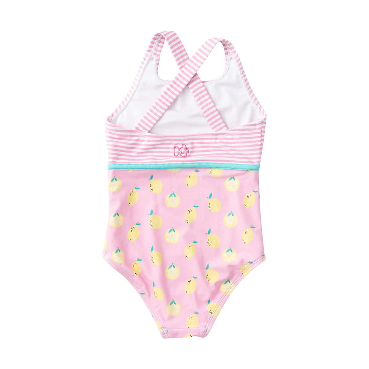 girls pink one-piece swimsuit with lemon pattern and striped back on a white background