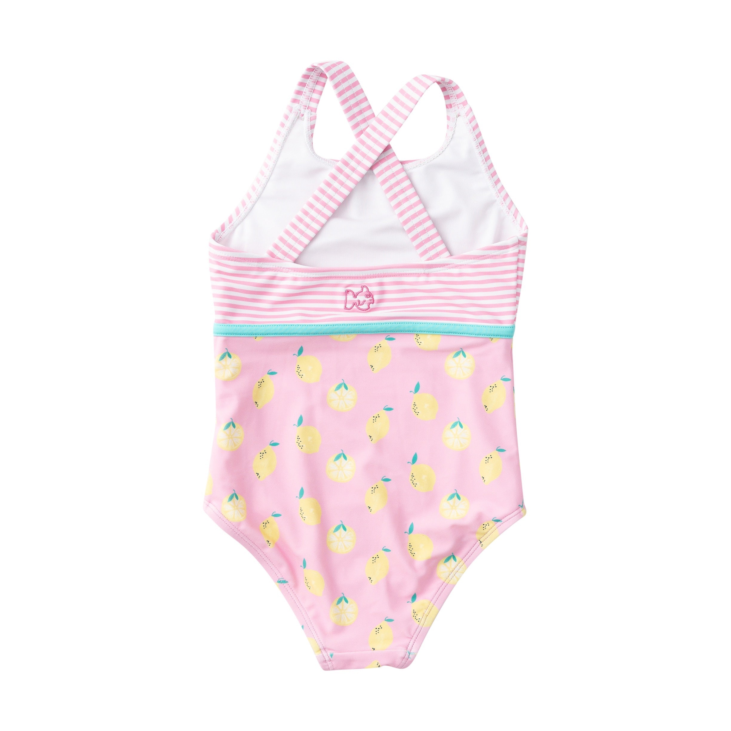 girls pink one-piece swimsuit with lemon pattern and striped back on a white background