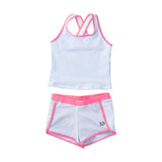 Girls' Seaside Tankini Set – Blue Seersucker with Pink Trim