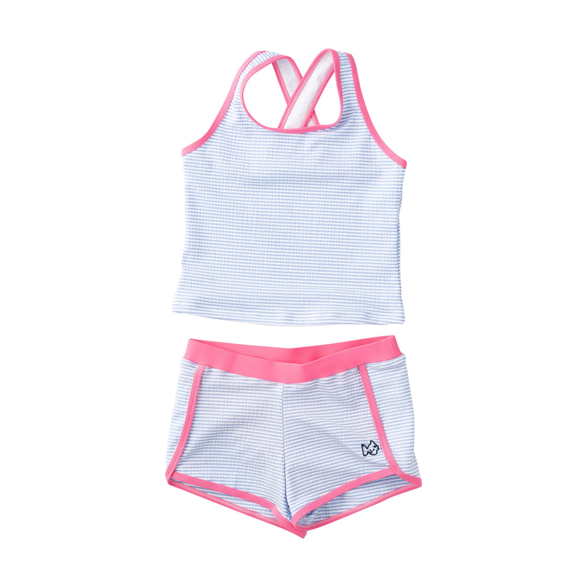 Girls' Seaside Tankini Set – Blue Seersucker with Pink Trim