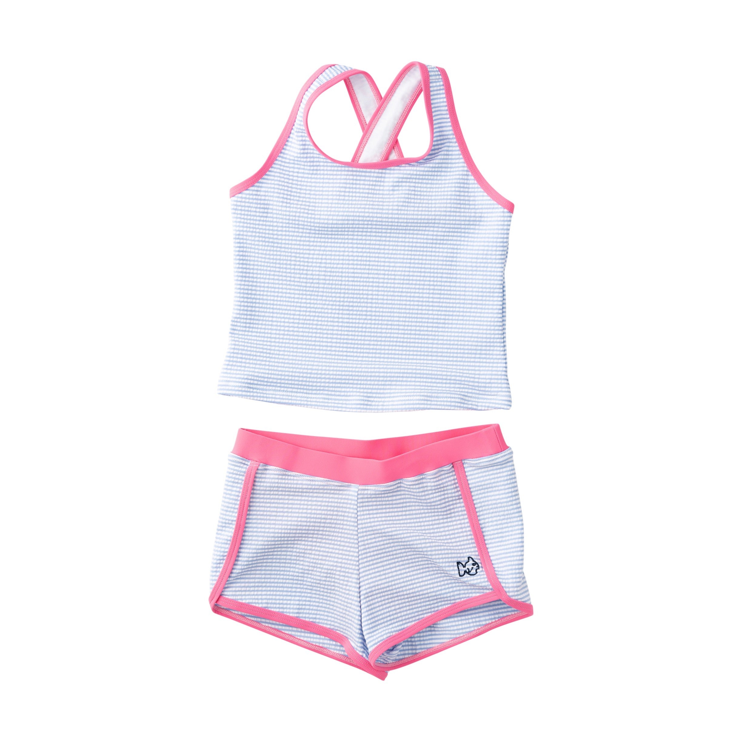 Girls' Seaside Tankini Set – Blue Seersucker with Pink Trim