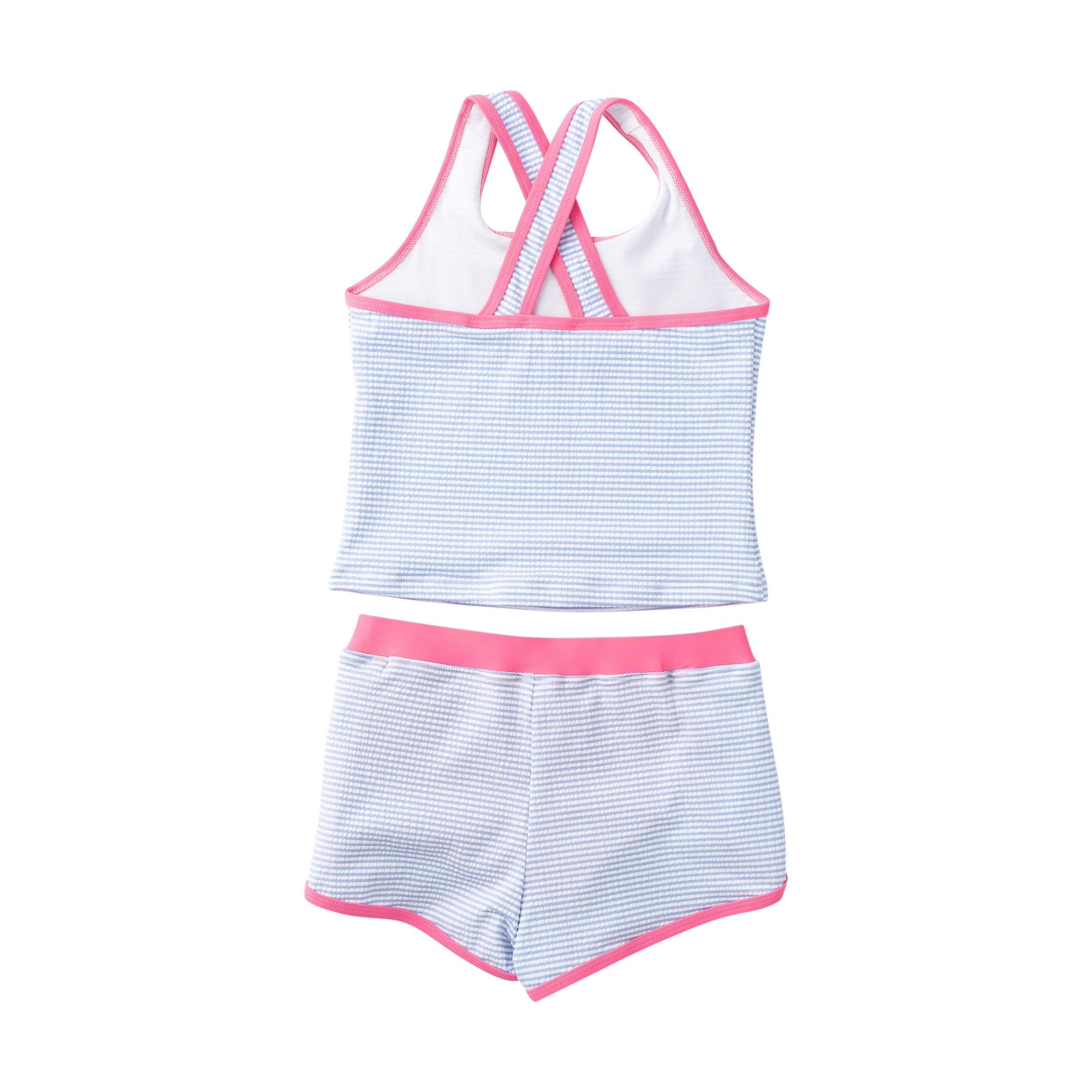 Girls' Seaside Tankini Set – Blue Seersucker with Pink Trim