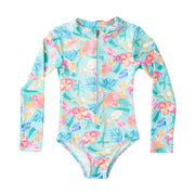 Girls' Long Sleeve Surf & Turf  Zip Front Swimsuit — Tropical Palm Print