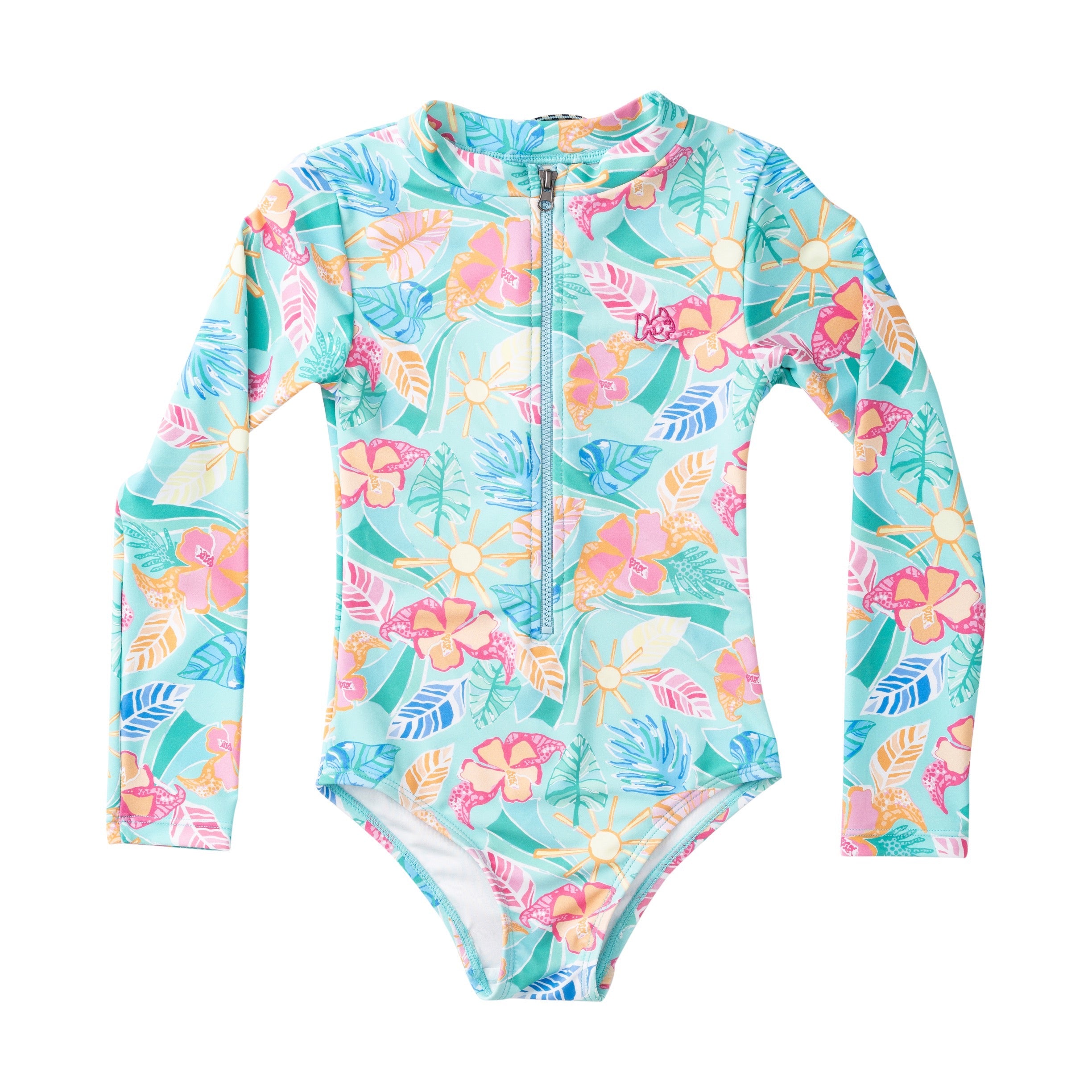 Girls' Long Sleeve Surf & Turf  Zip Front Swimsuit — Tropical Palm Print