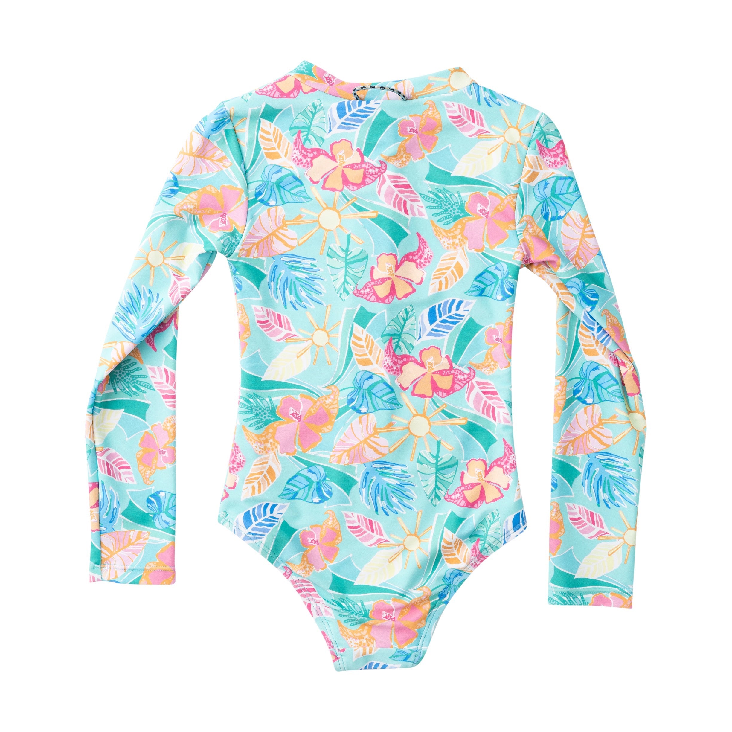 Girls' Long Sleeve Surf & Turf  Zip Front Swimsuit — Tropical Palm Print
