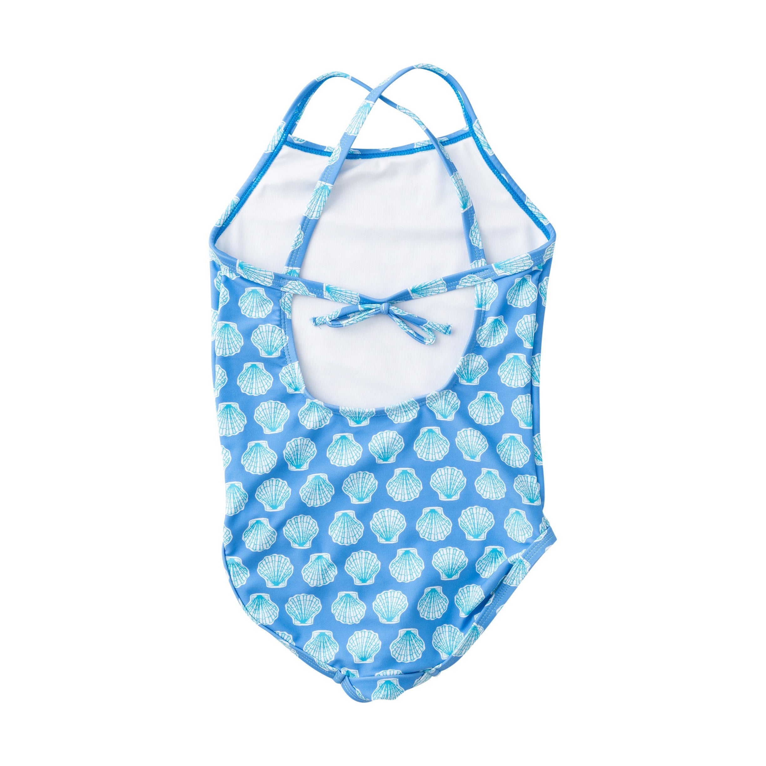 young girls' fully lined swimsuit with shell pattern on a white background