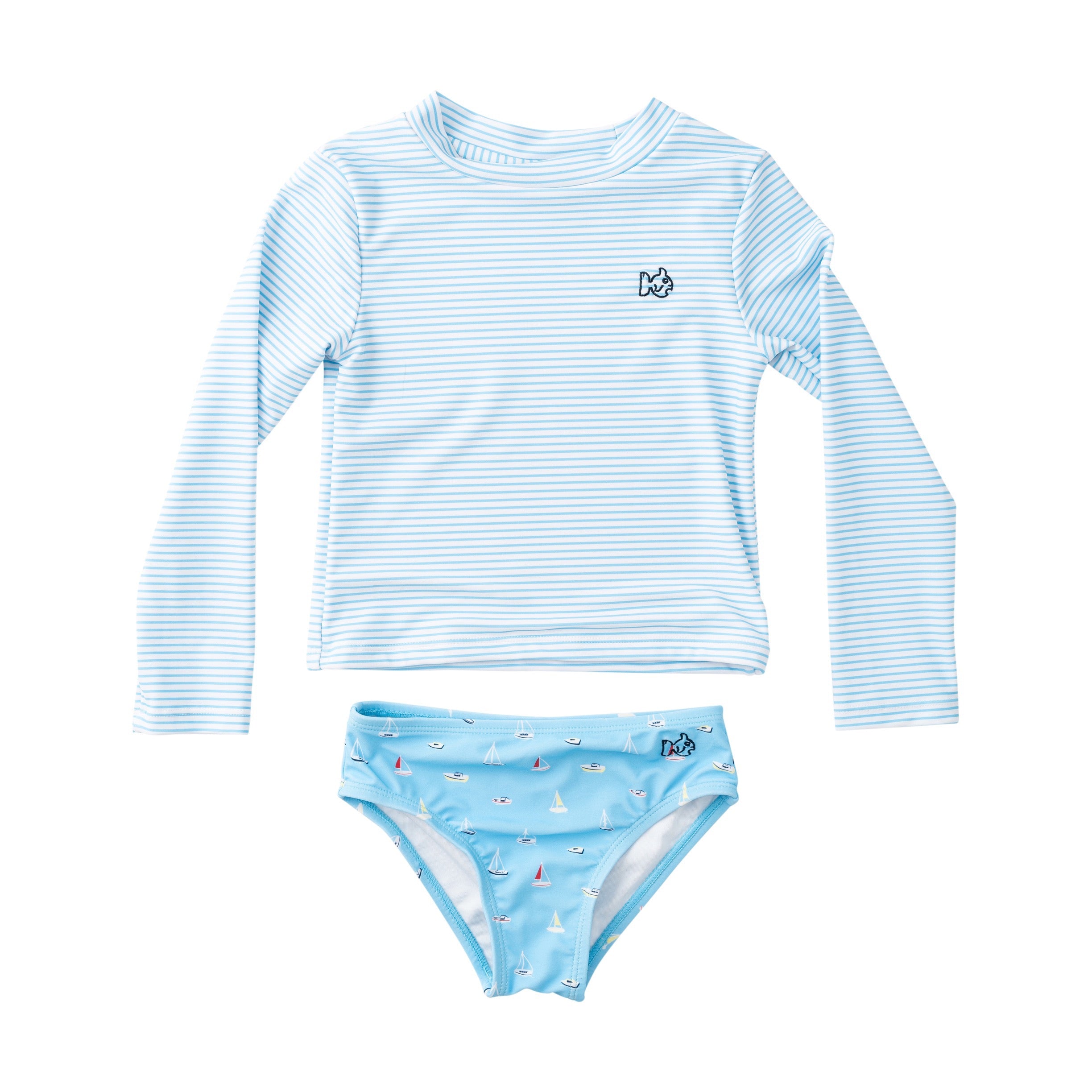 Children's blue striped rash guard and swim shorts set