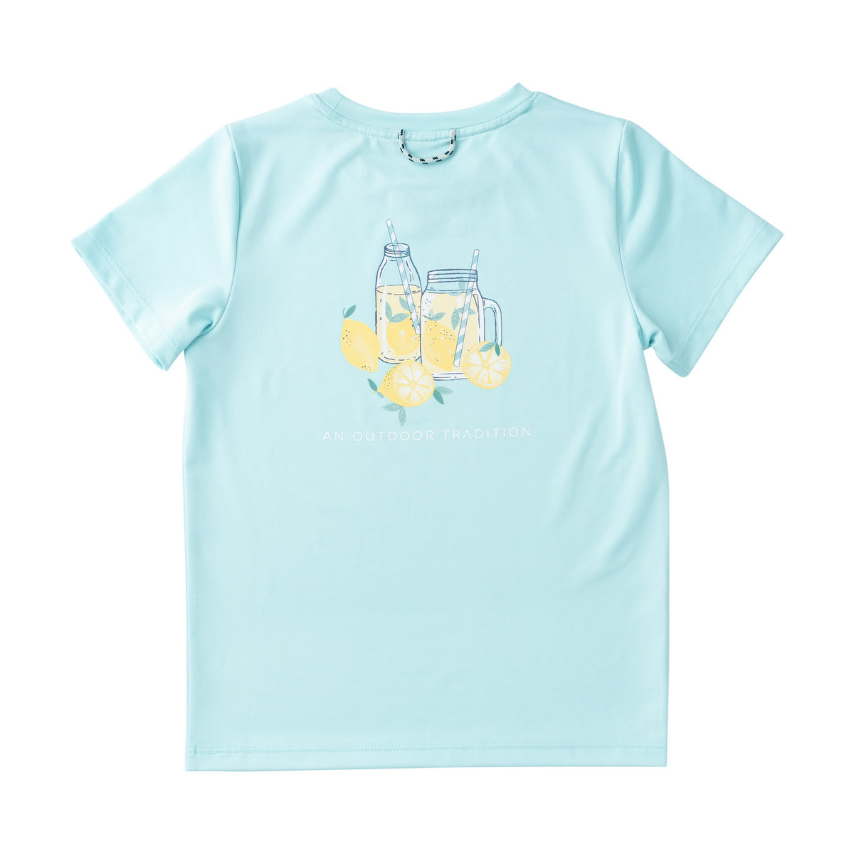 girls activewear Light blue t-shirt with lemon and glass design on a white background