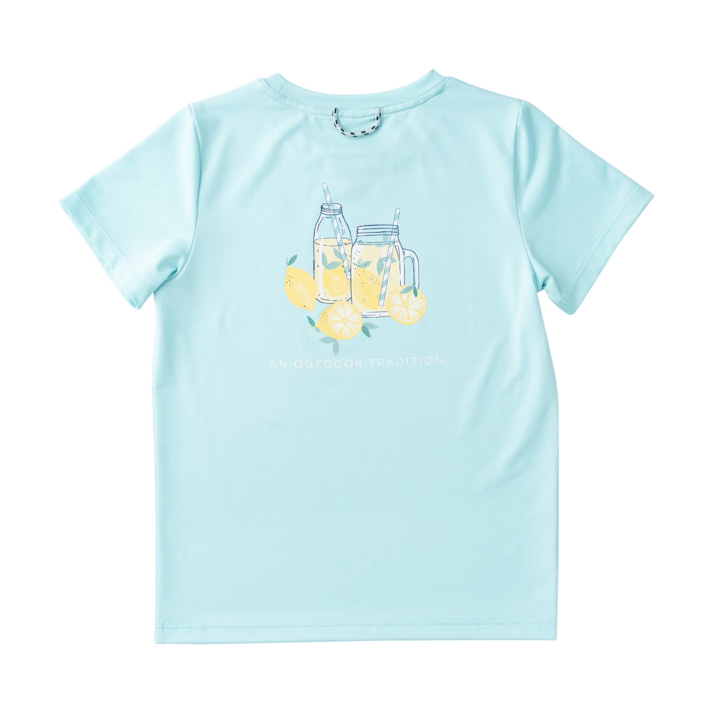 girls activewear Light blue t-shirt with lemon and glass design on a white background