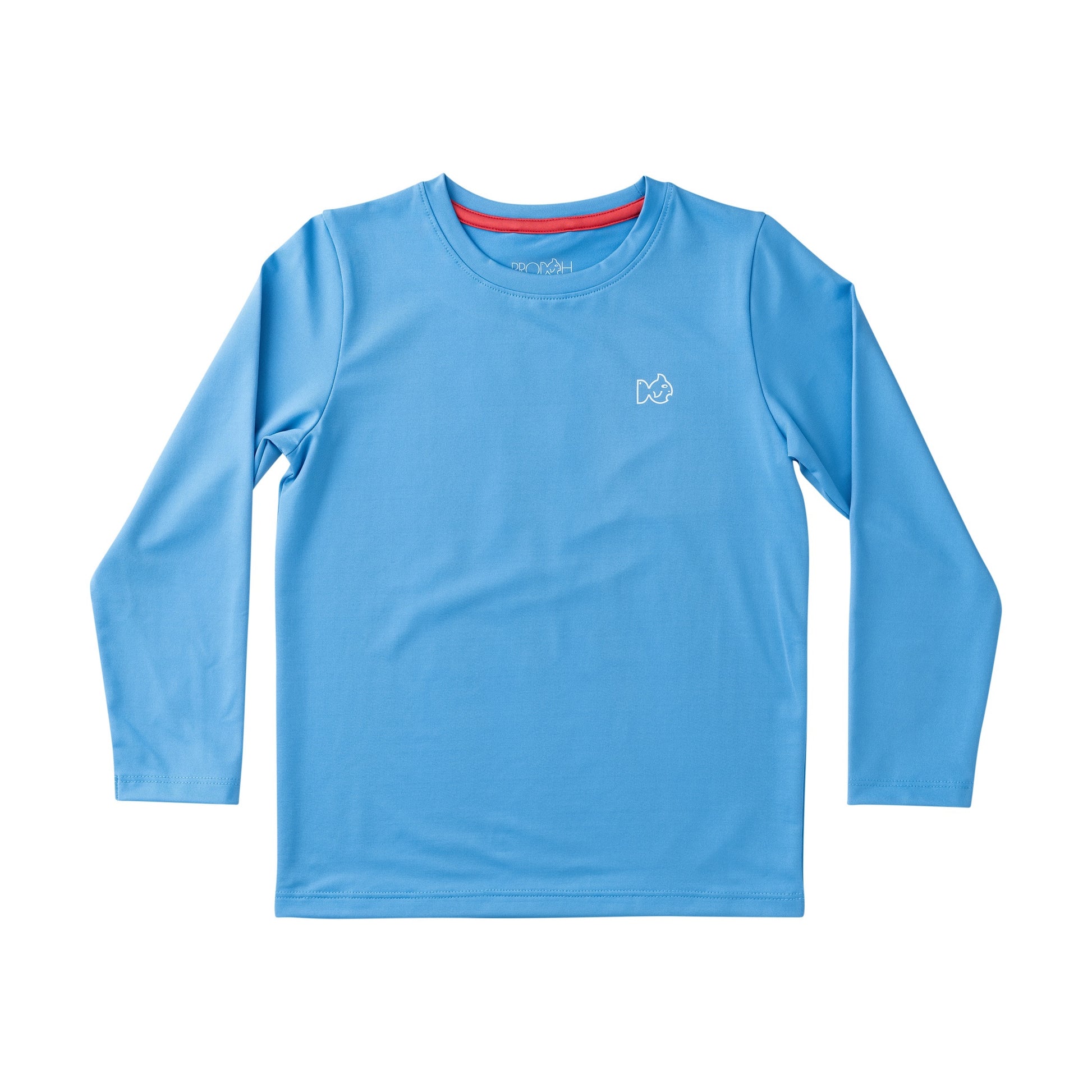 children's blue long-sleeve activewear shirt with prodoh logo on the front