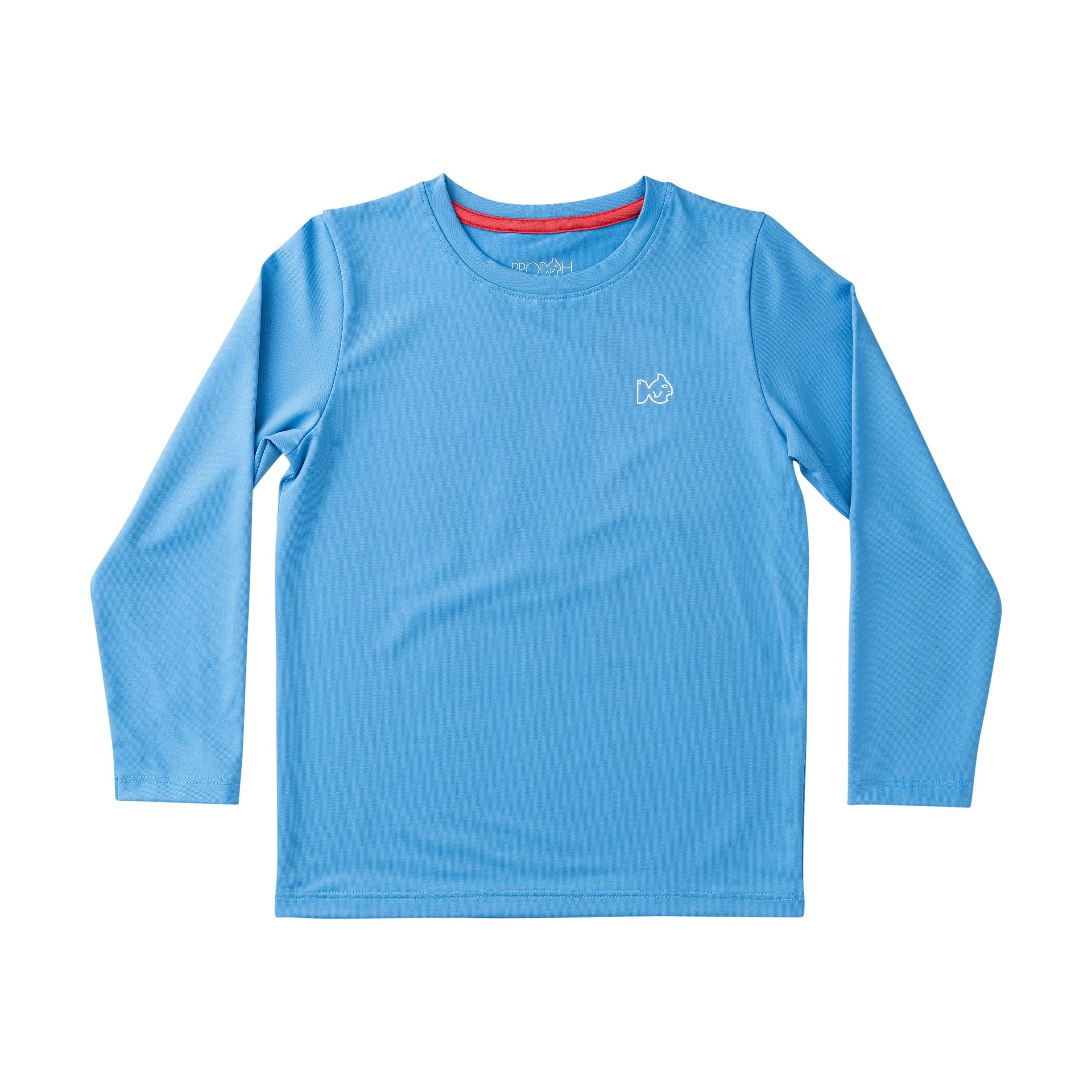 children's blue long-sleeve activewear shirt with prodoh logo on the front