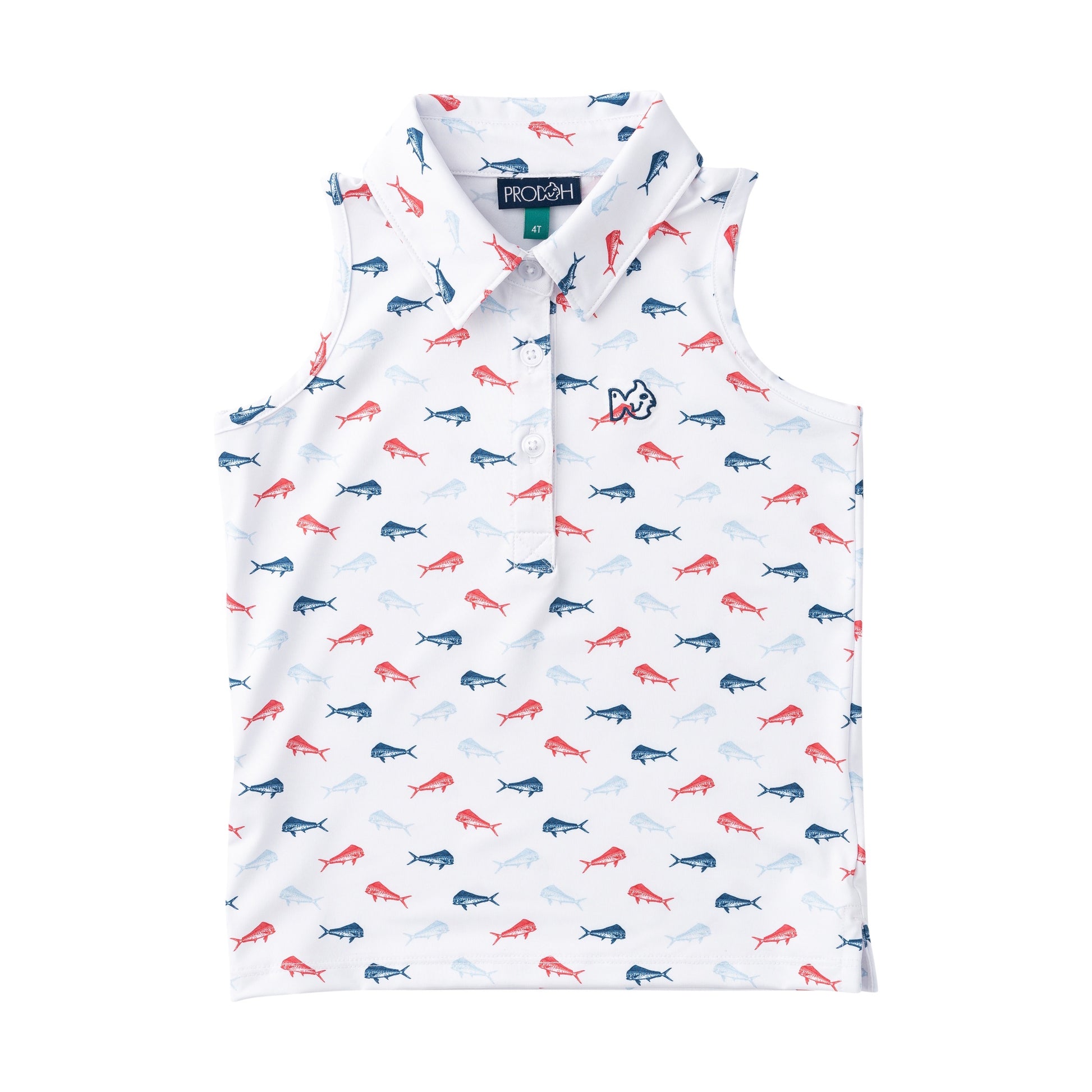 girl's sleeveless polo shirt with fish pattern on a white background
