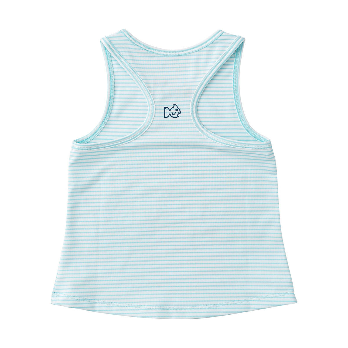 Light blue striped moisture wicking tank top with a small prodoh fish logo