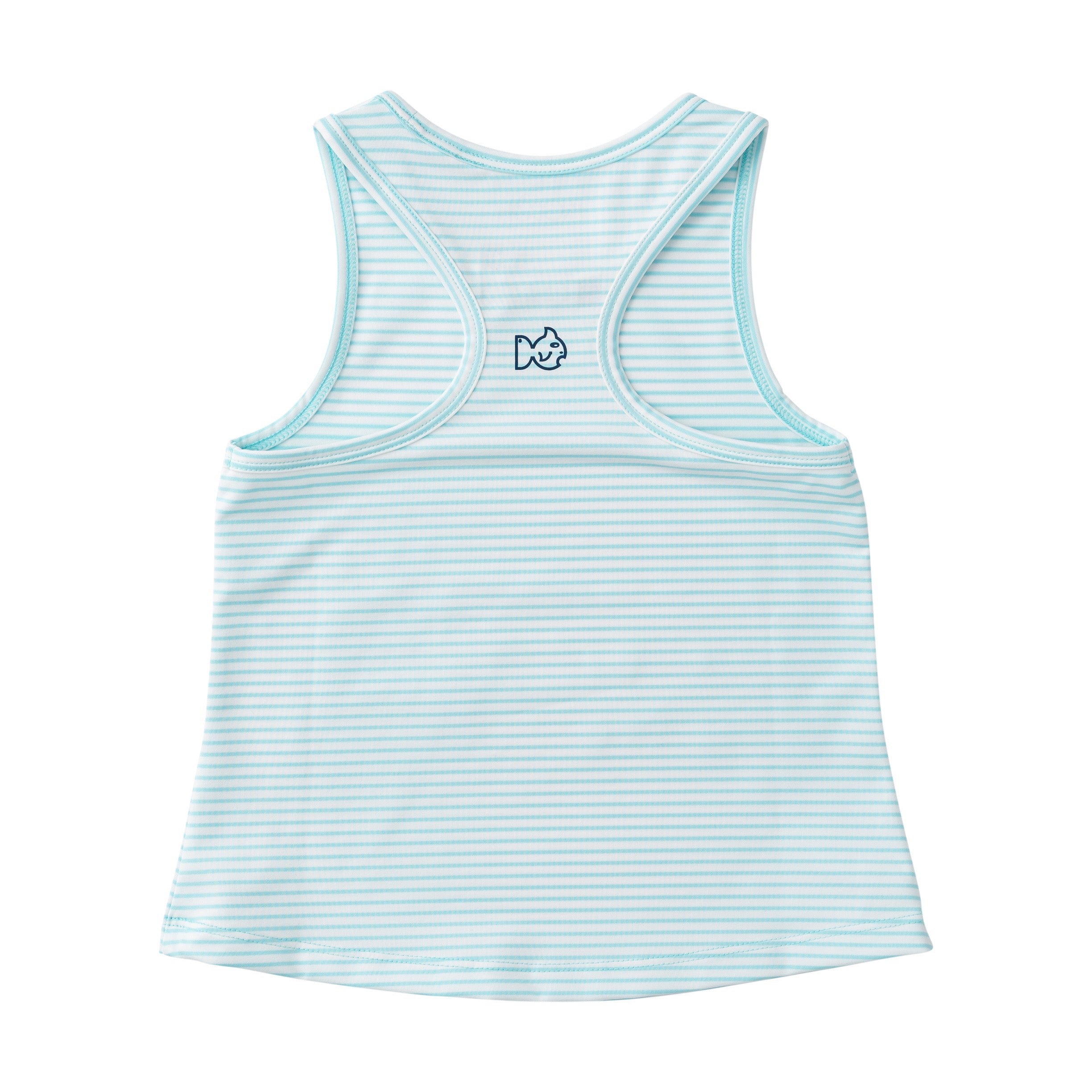 Light blue striped moisture wicking tank top with a small prodoh fish logo