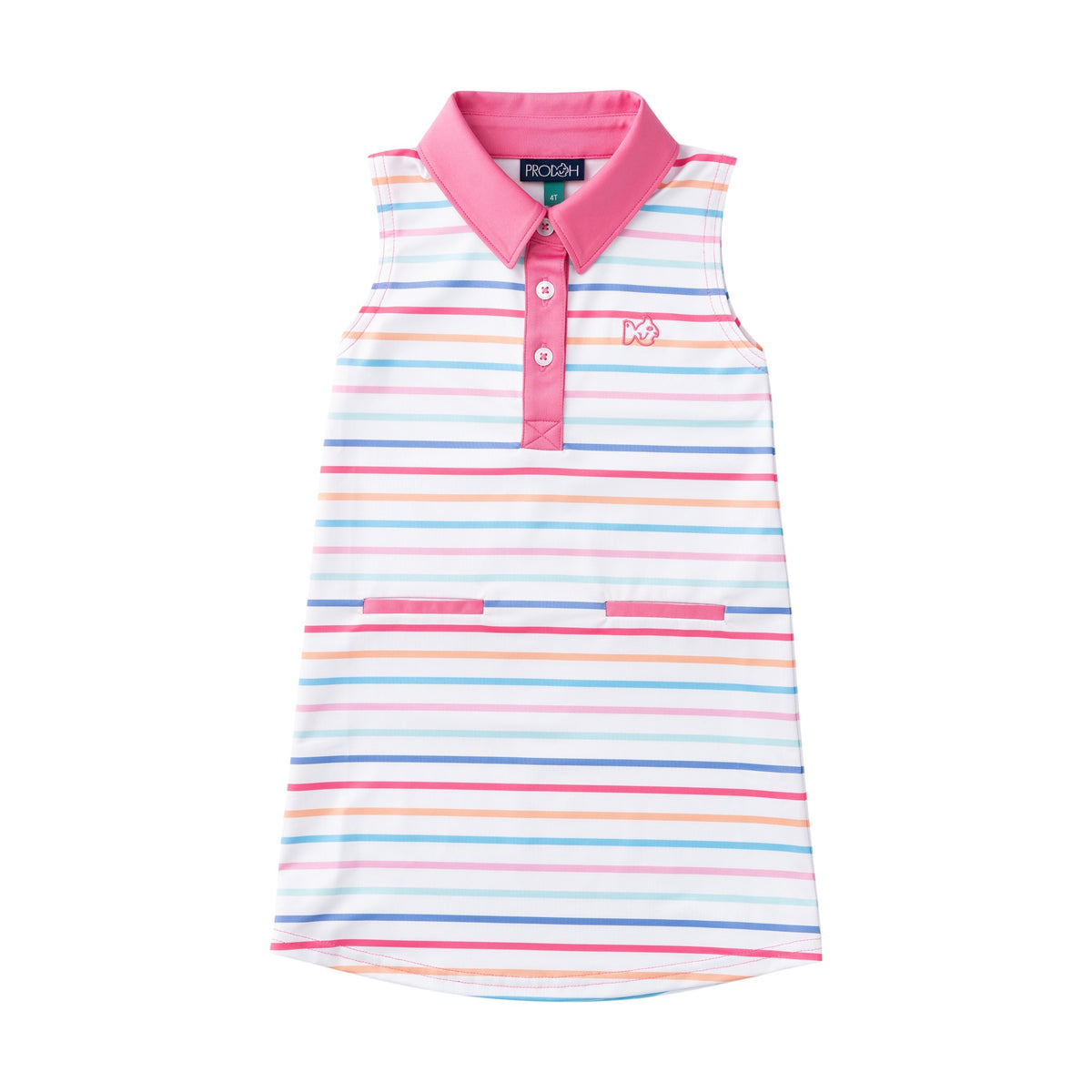 multi-striped dress with pink collar on a white background