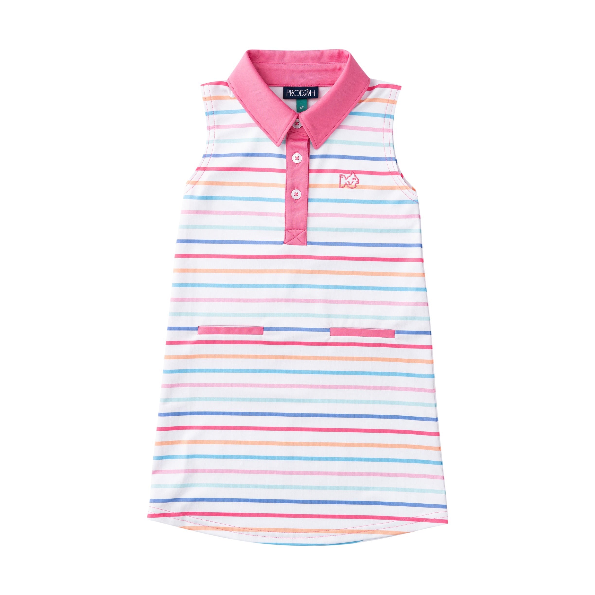 multi-striped dress with pink collar on a white background