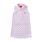 Pink sleeveless dress with pickleball racket print pattern