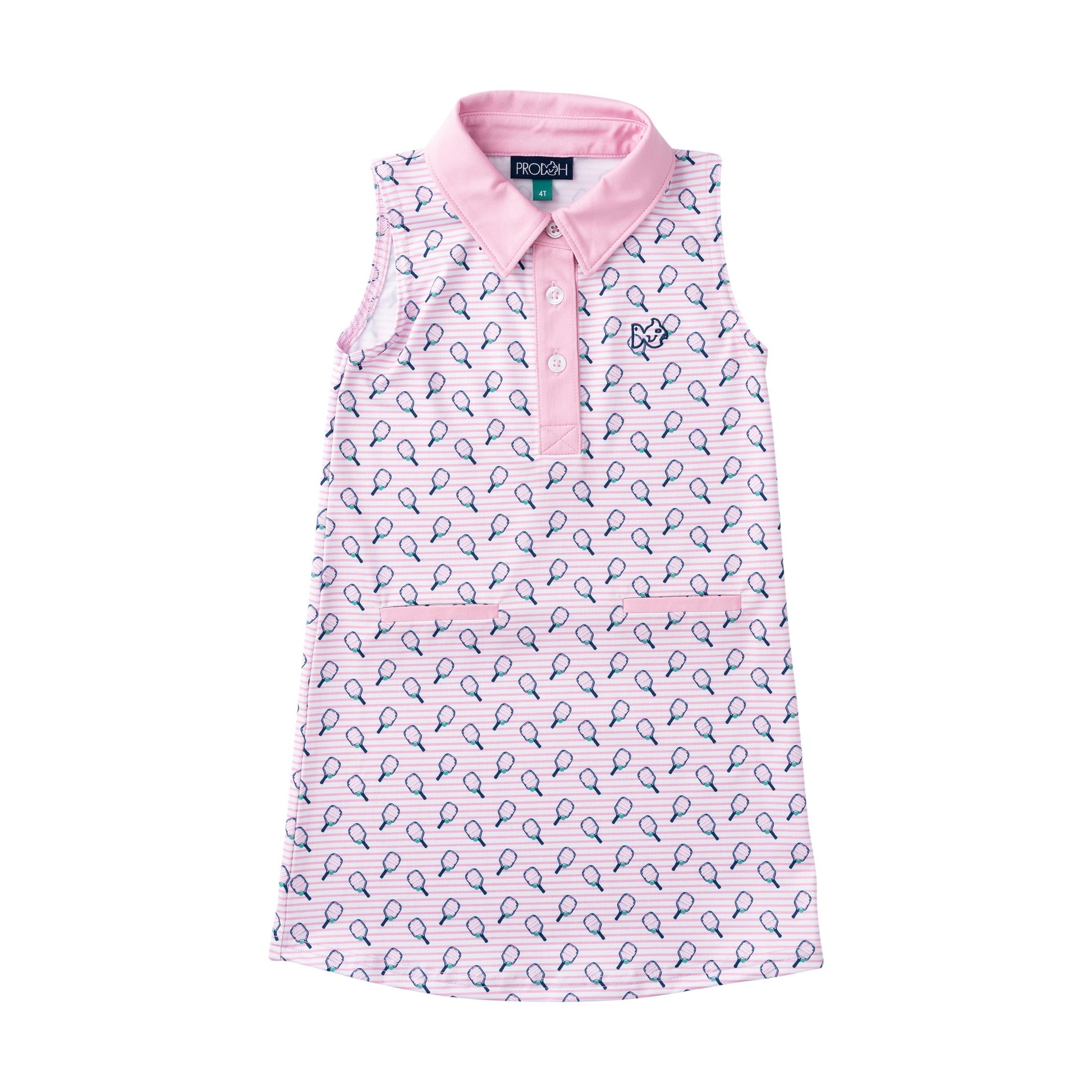 Pink sleeveless dress with pickleball racket print pattern