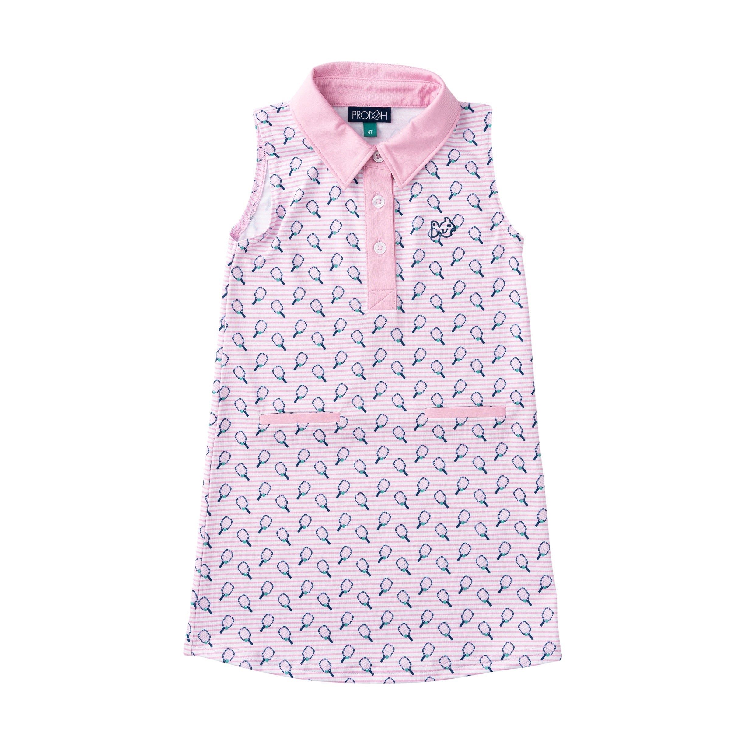 Pink sleeveless dress with pickleball racket print pattern