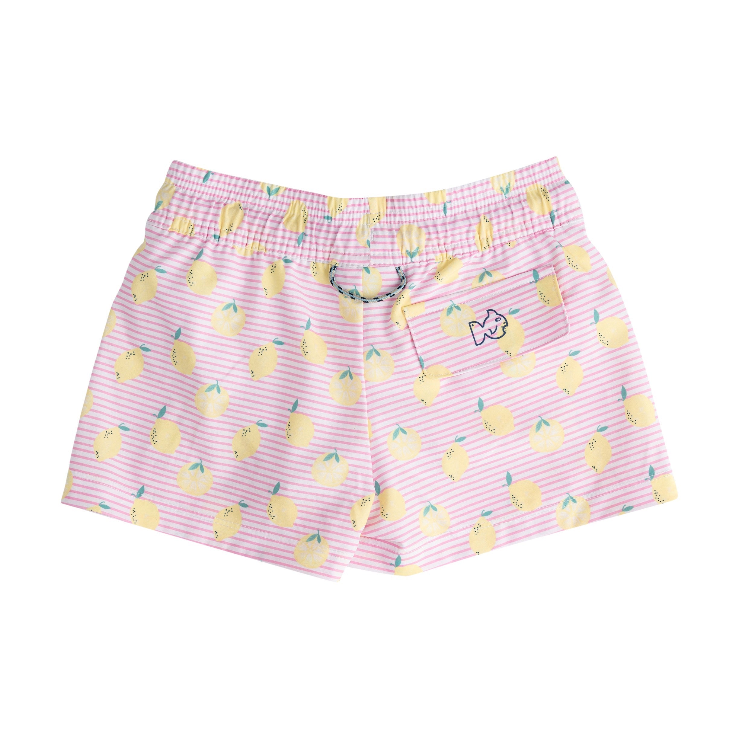 Pink shorts with yellow lemon pattern on a white background