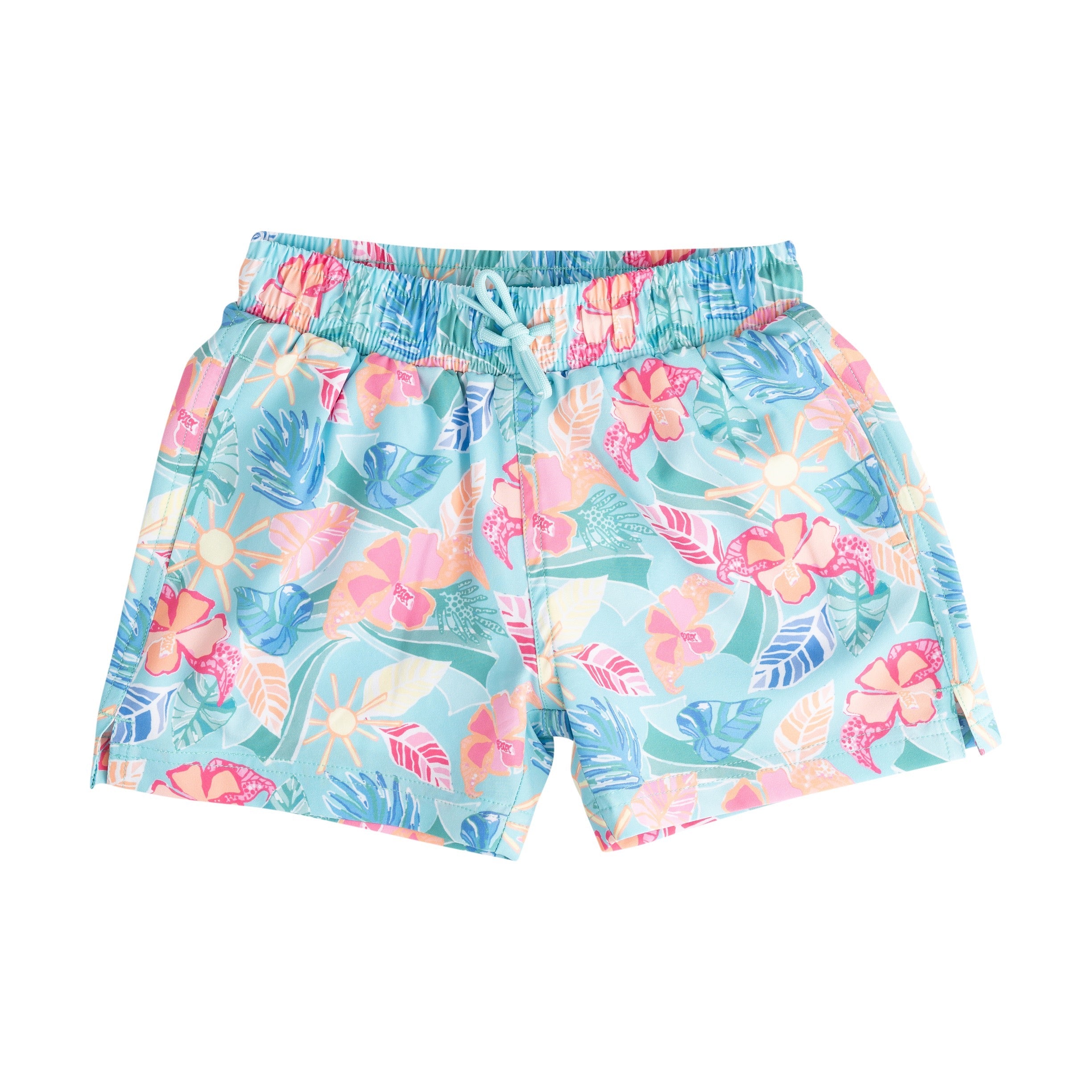 Floral patterned swim trunk shorts on a white background
