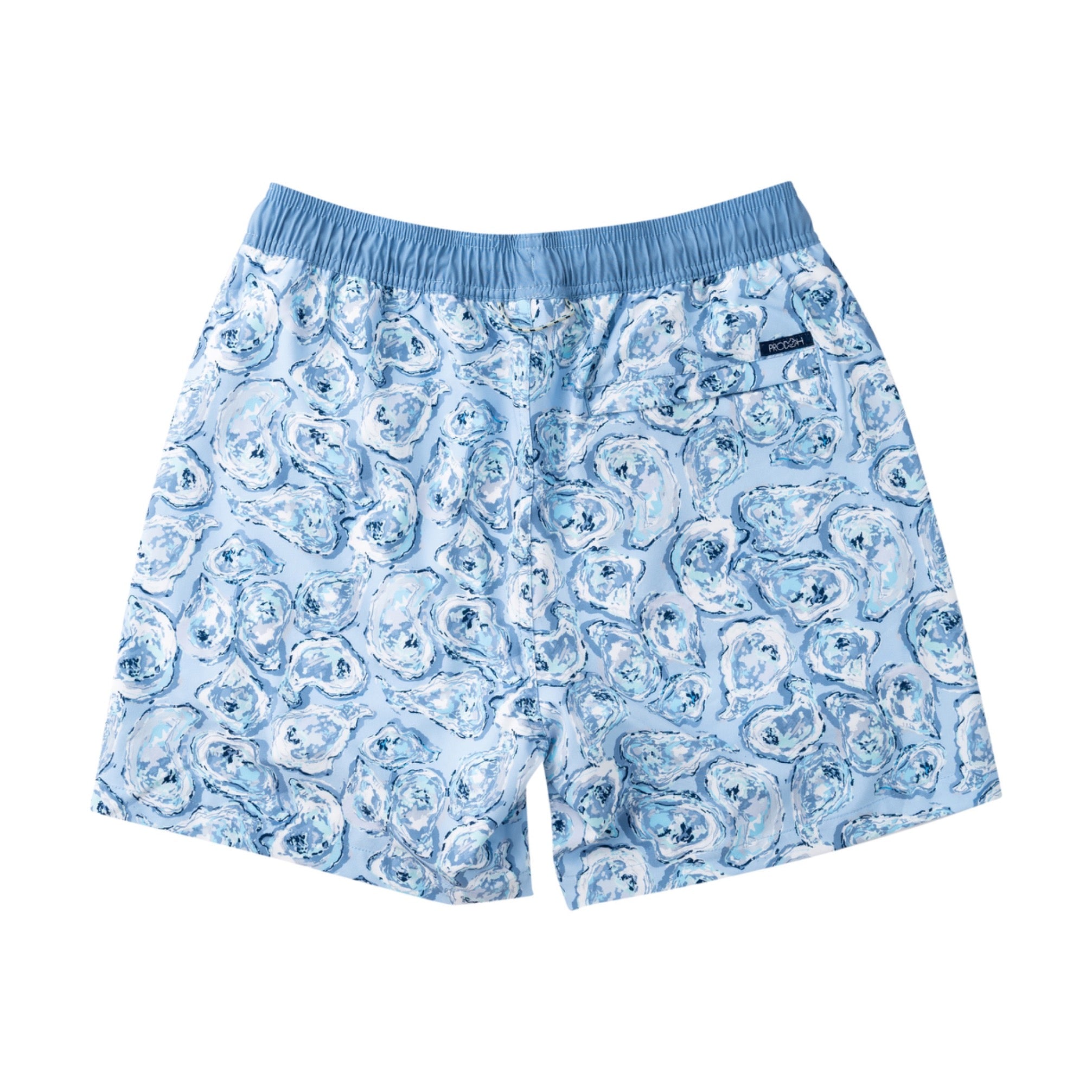 Blue oyster patterned swim suit on a white background