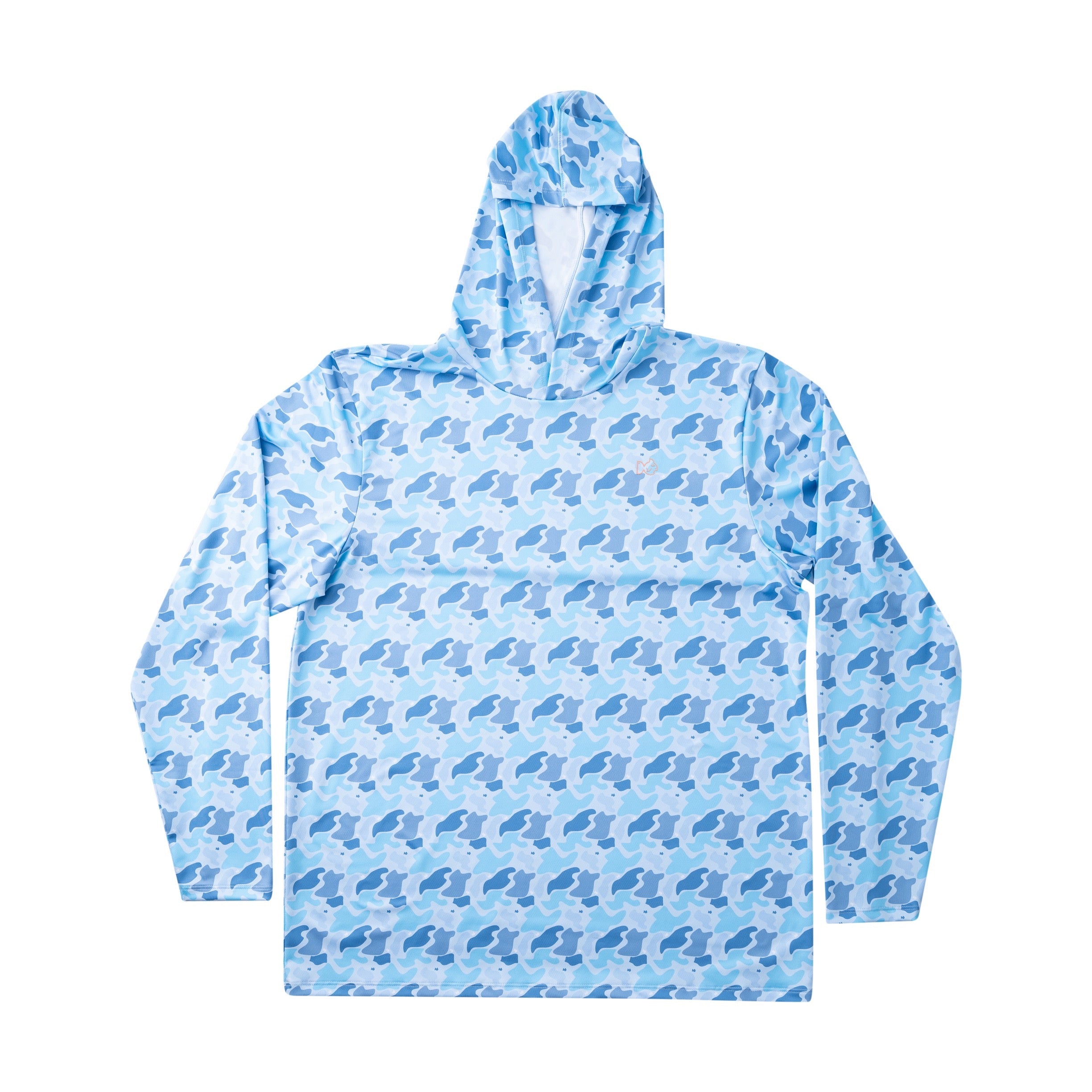 men's Blue camo patterned performance hoodie on a white background