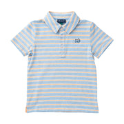 Blue and orange striped polo shirt on a white background