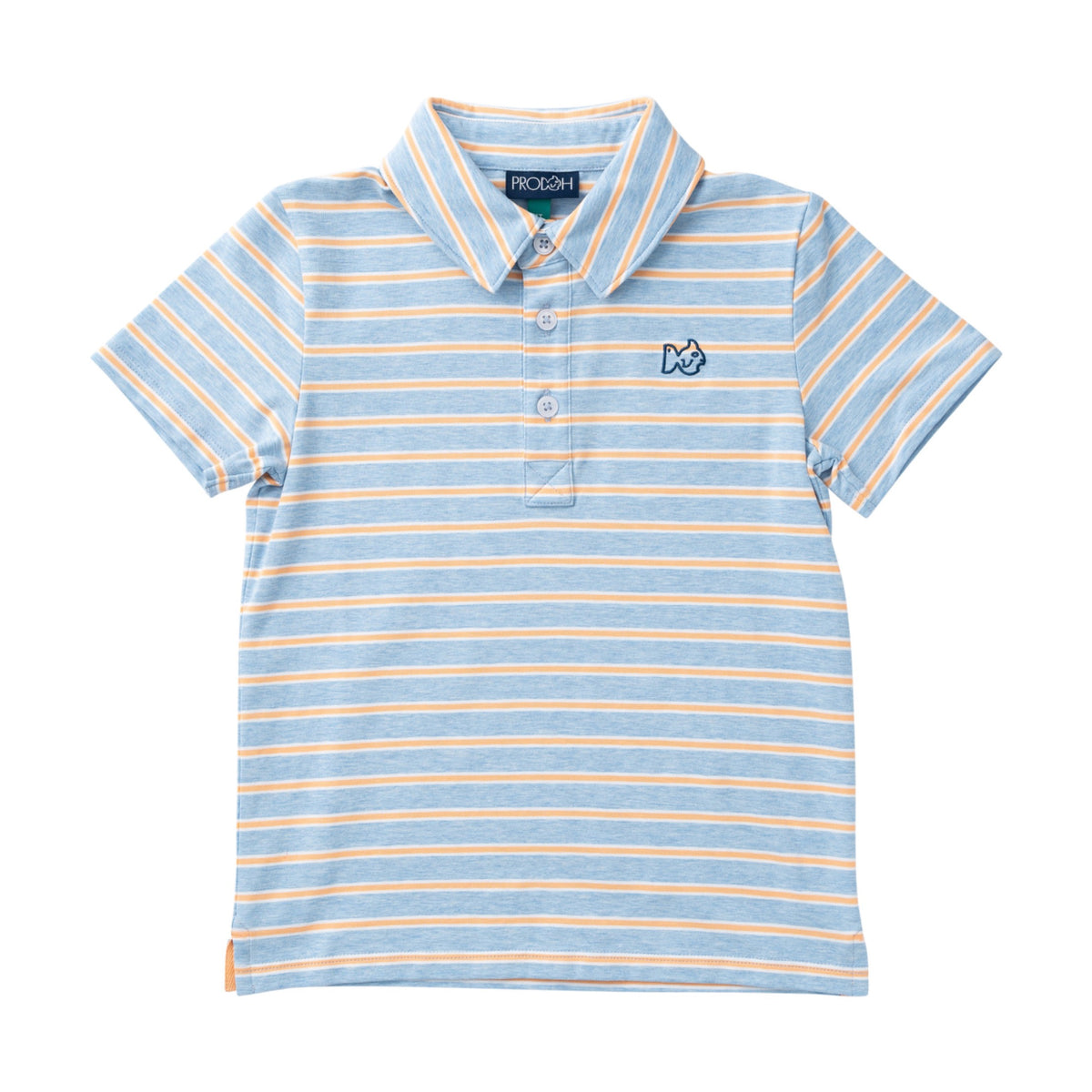 Blue and orange striped polo shirt on a white background