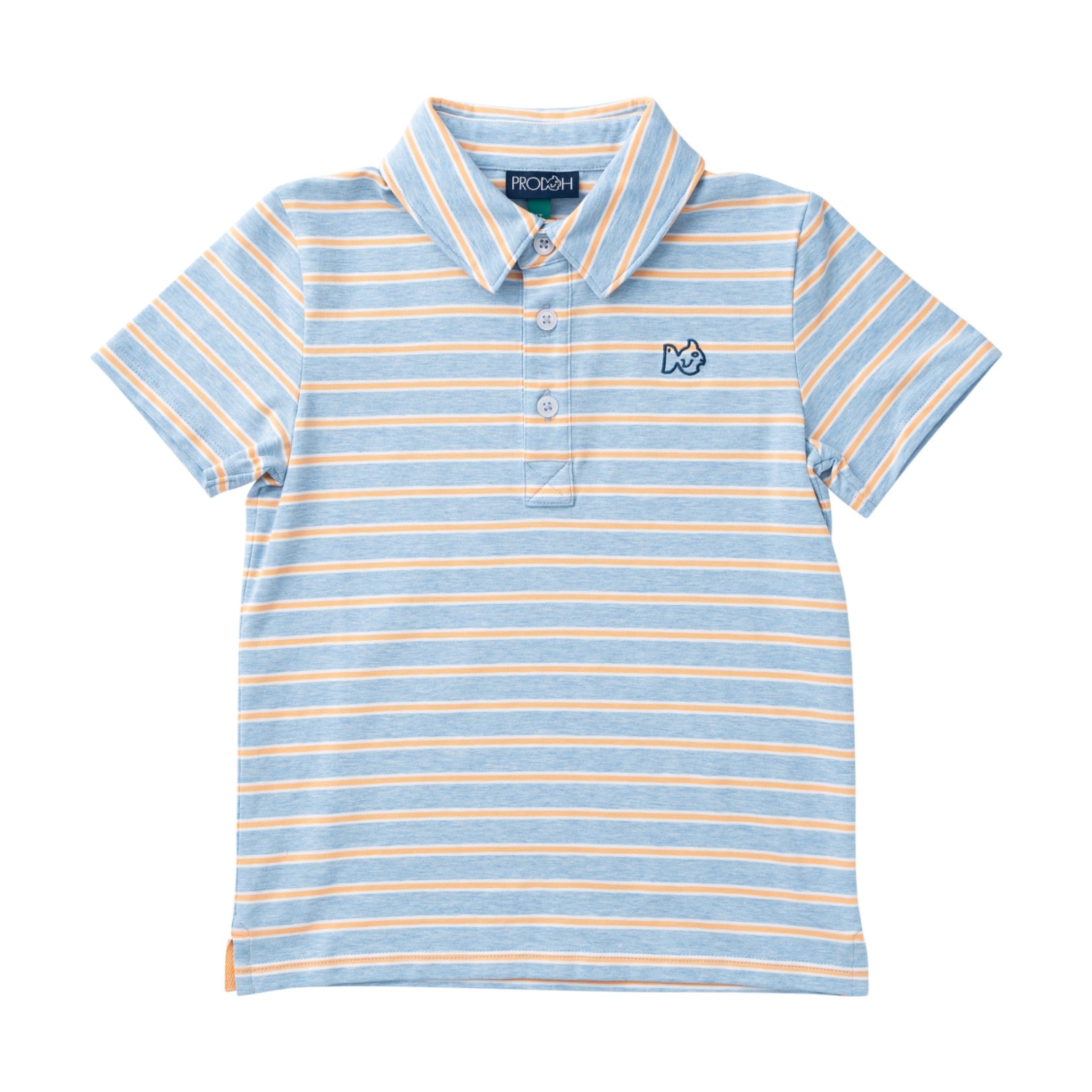 Blue and orange striped polo shirt on a white background