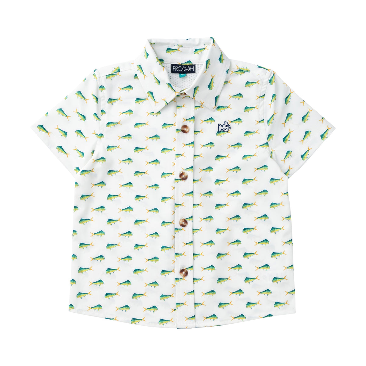 Short-sleeve shirt with fish pattern on a white background