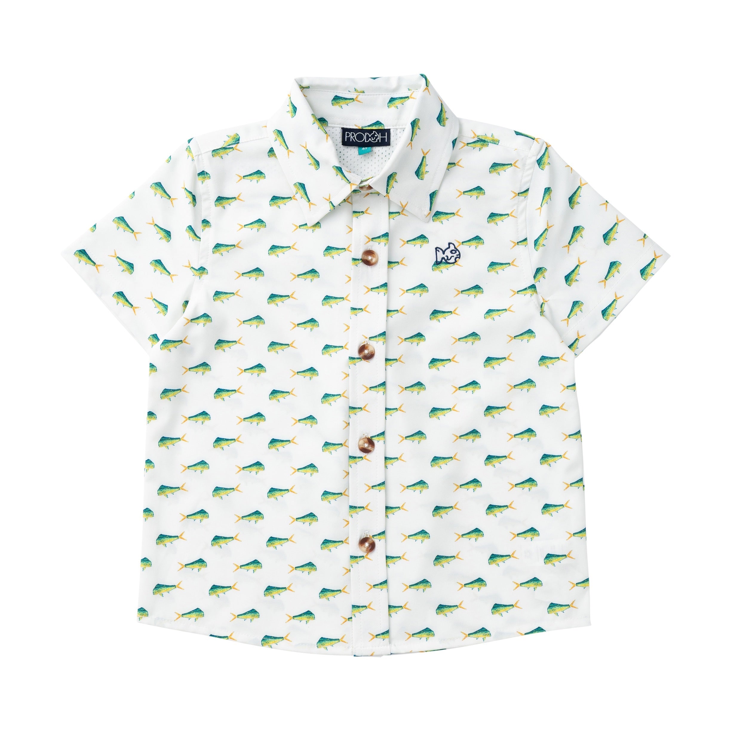 Short-sleeve shirt with fish pattern on a white background