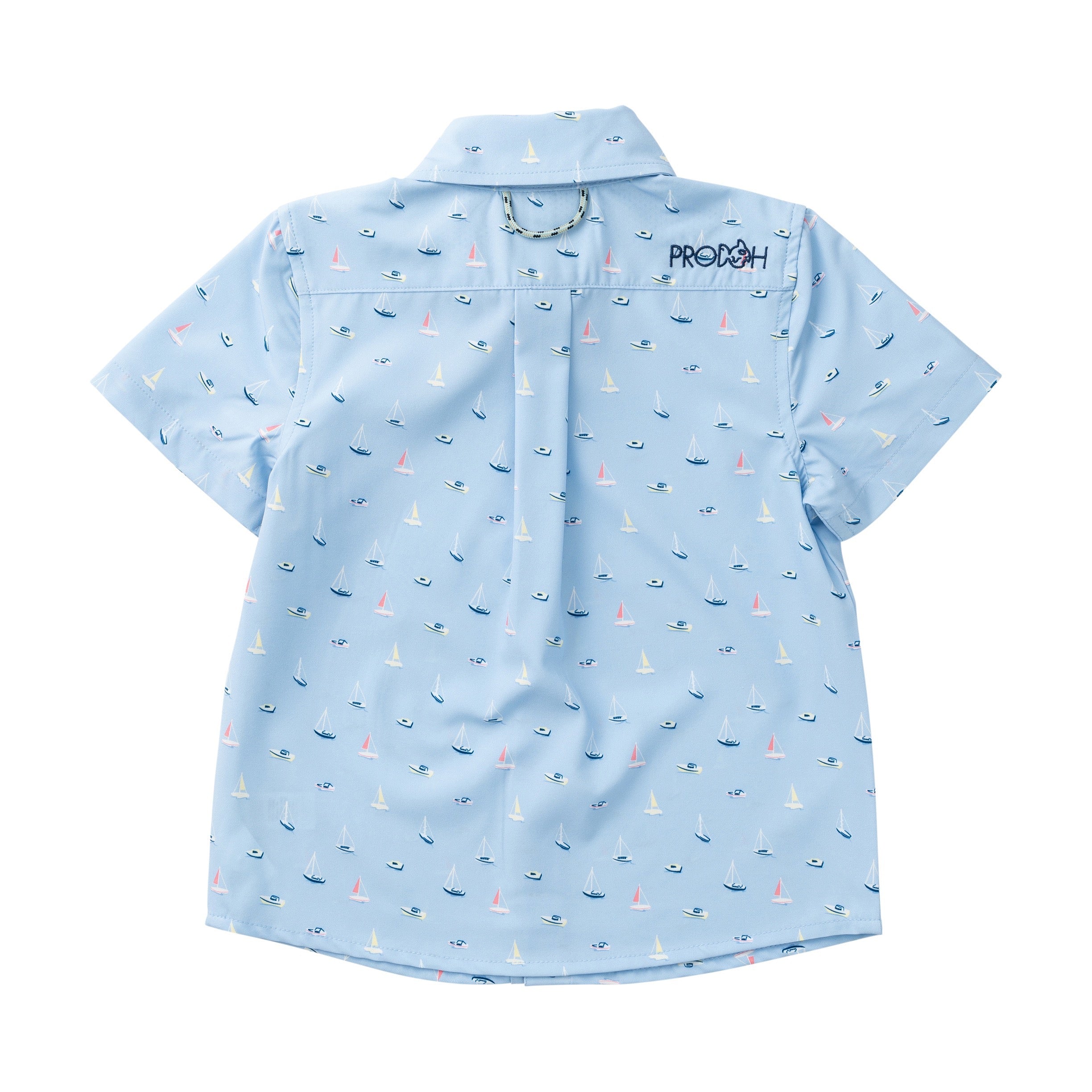 Light blue shirt with sailboat pattern on a white background