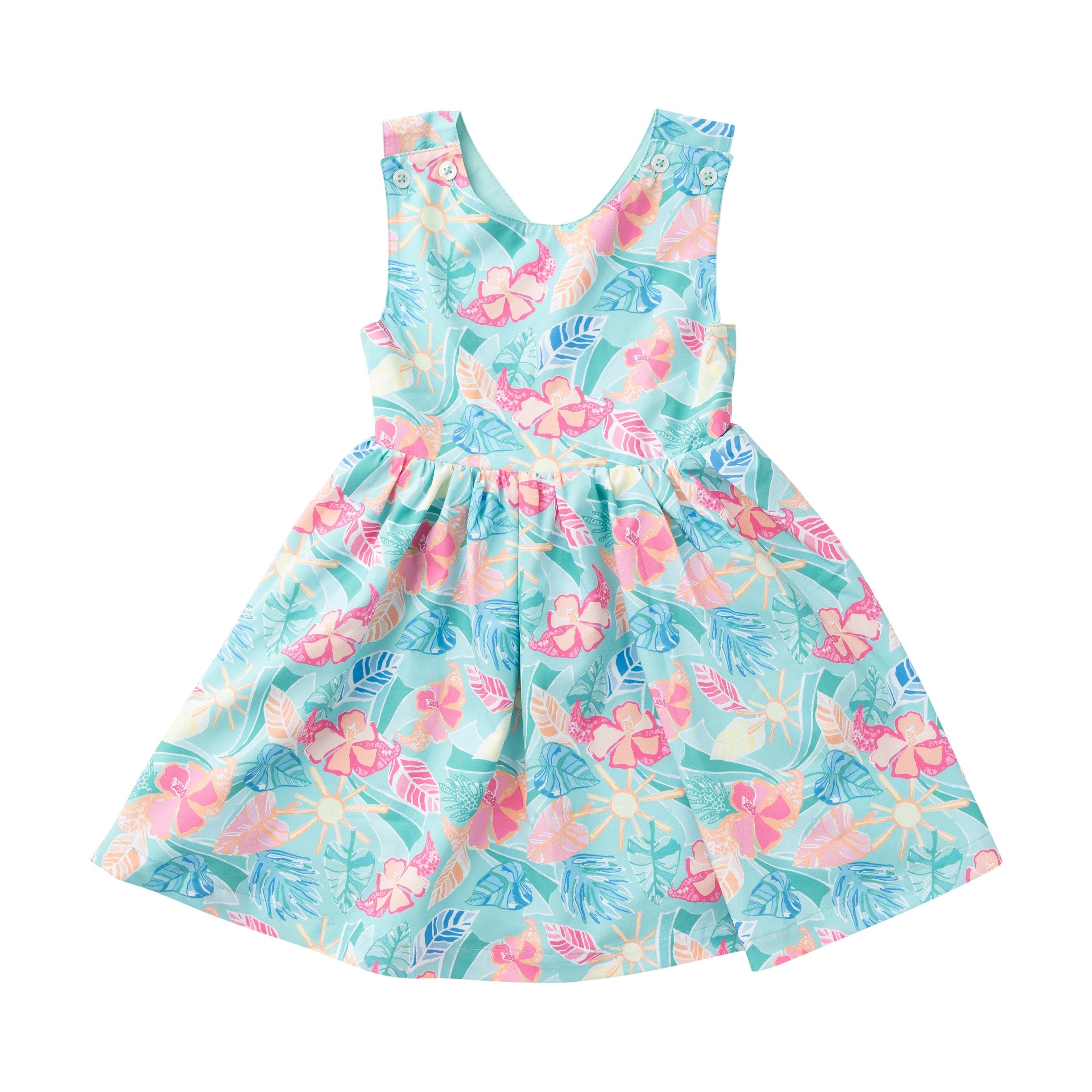 Floral dress with pink and blue flowers on a white background