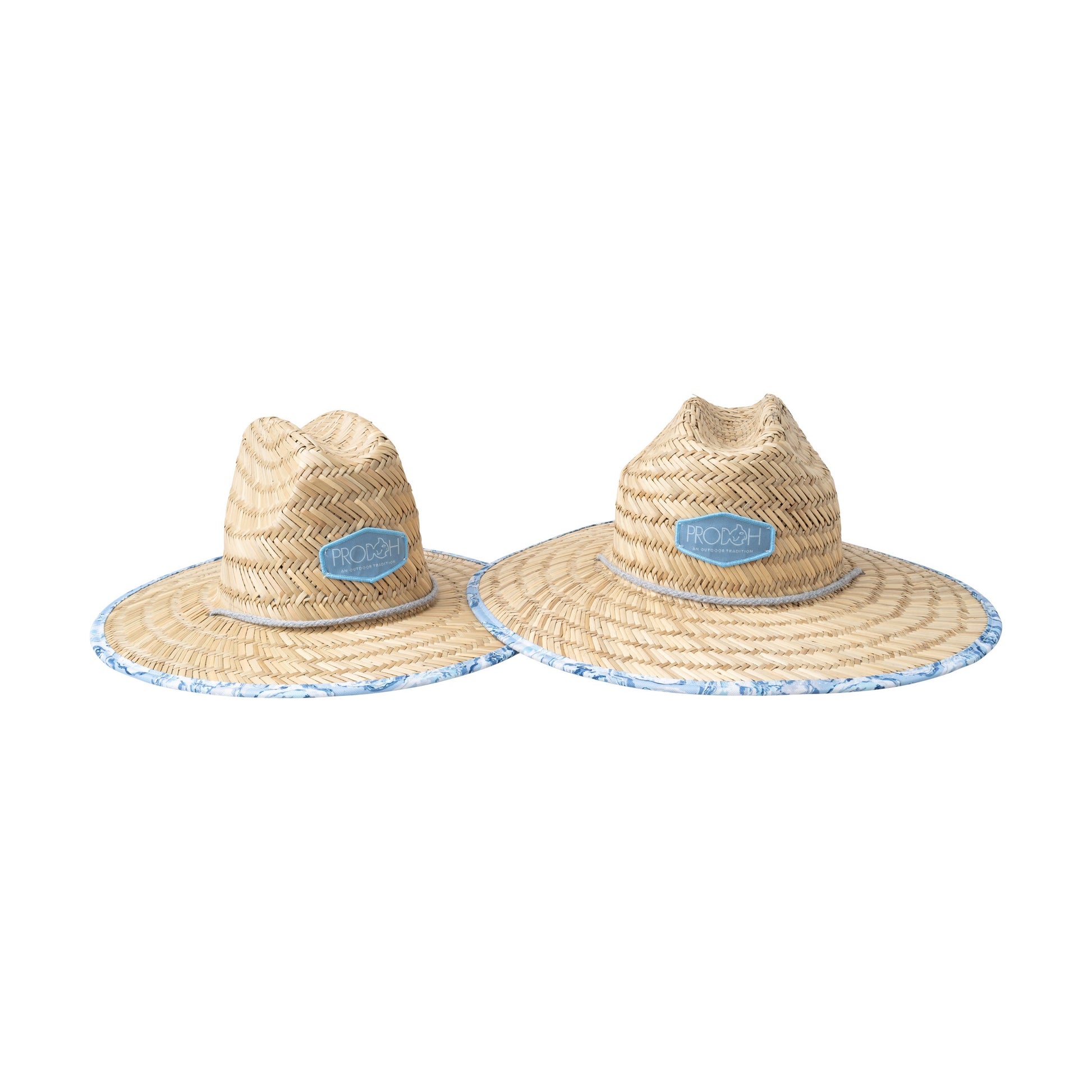 Two straw hats with blue accents