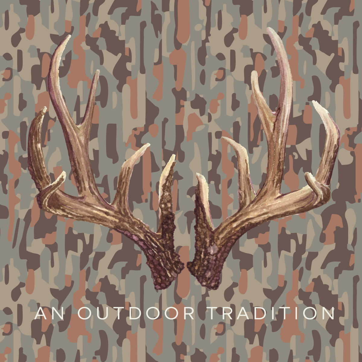 A pair of realistic deer antlers art work centered on a camouflage-style background in muted brown, beige, and gray tones, with the text 'AN OUTDOOR TRADITION' at the bottom.