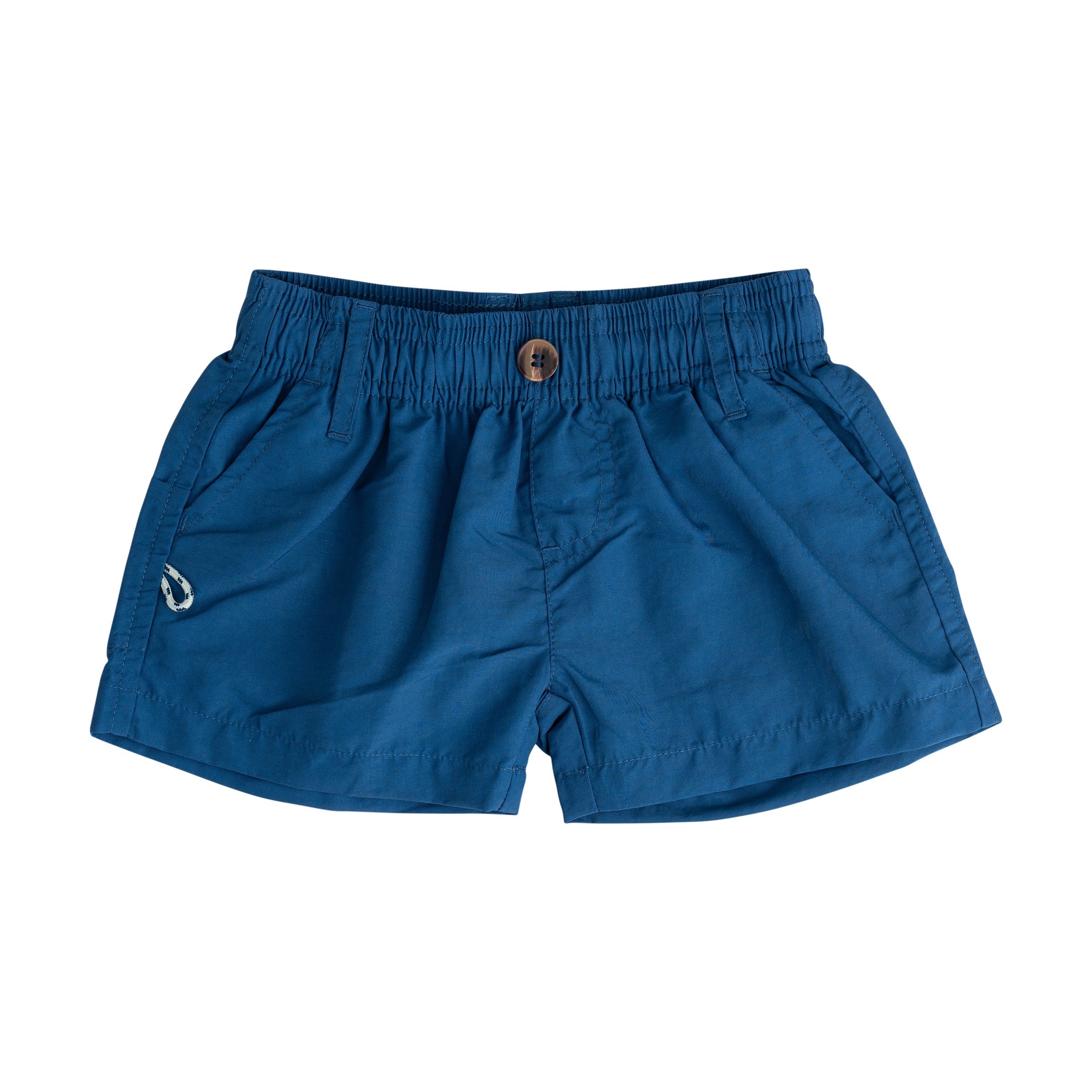 Blue shorts with a button on a white background