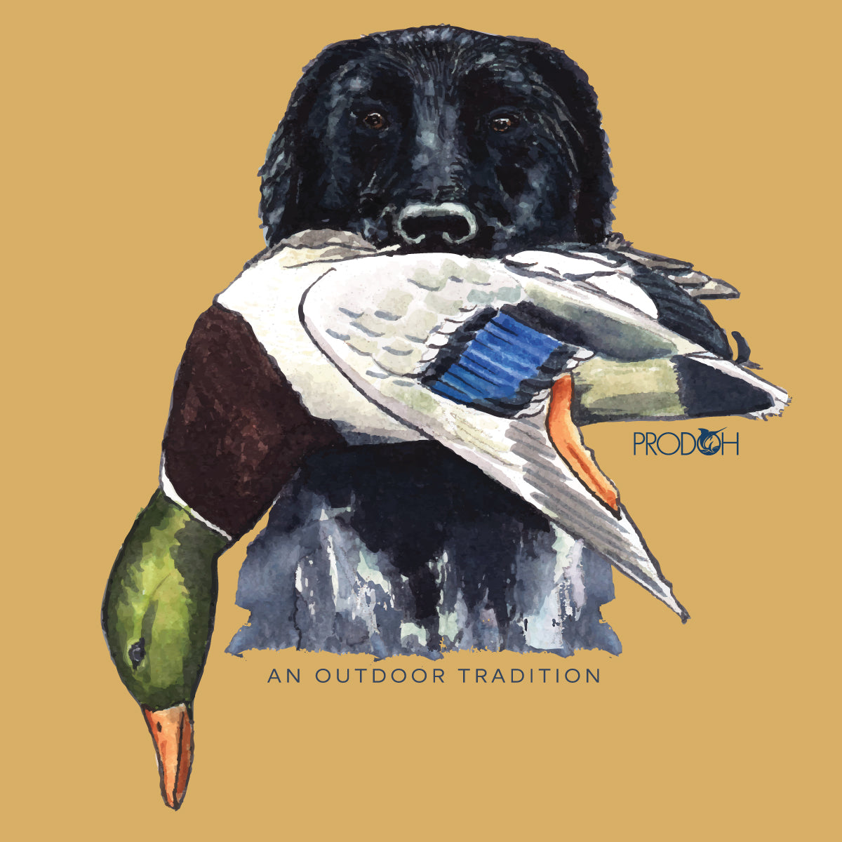 Watercolor-style illustration of a black dog holding a mallard duck in its mouth, set against a warm tan background with the text 'AN OUTDOOR TRADITION' and a visible PRODCH mark.