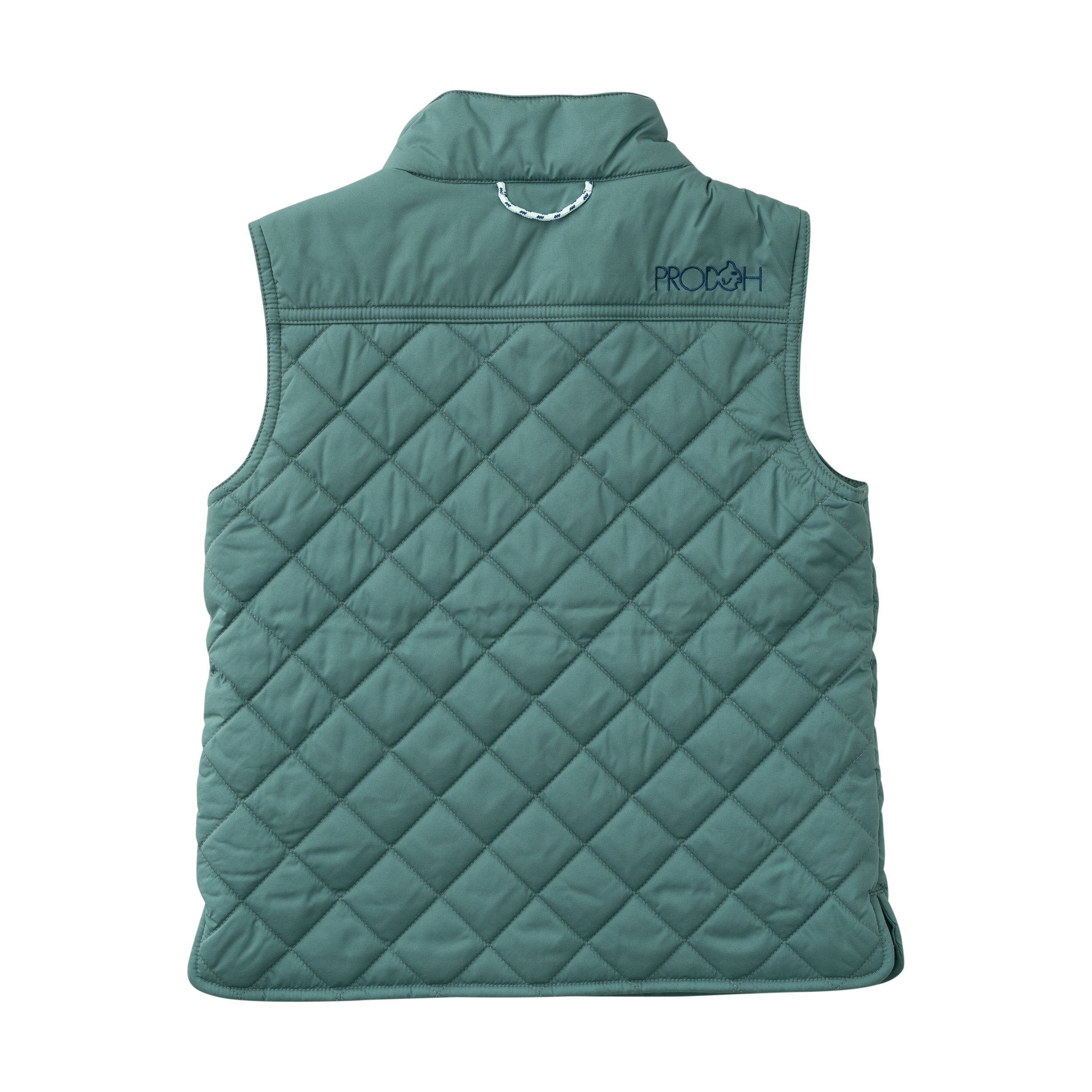 back view of quilted vest in dark green